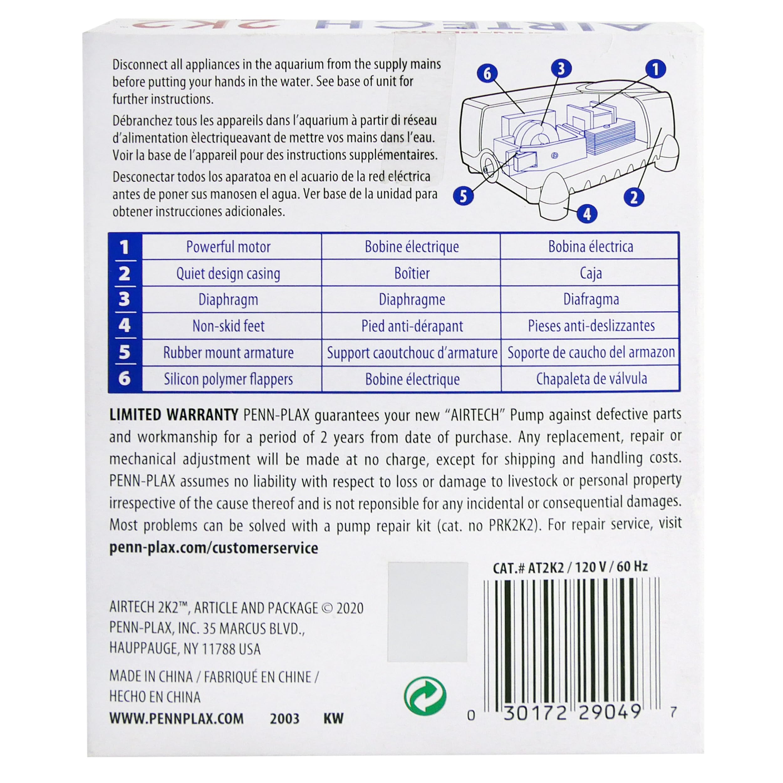 Penn-Plax Air-Tech Aquarium Air Pump | Quiet And Reliable | For Fish Tanks Up To 20 Gallons (At2K2)