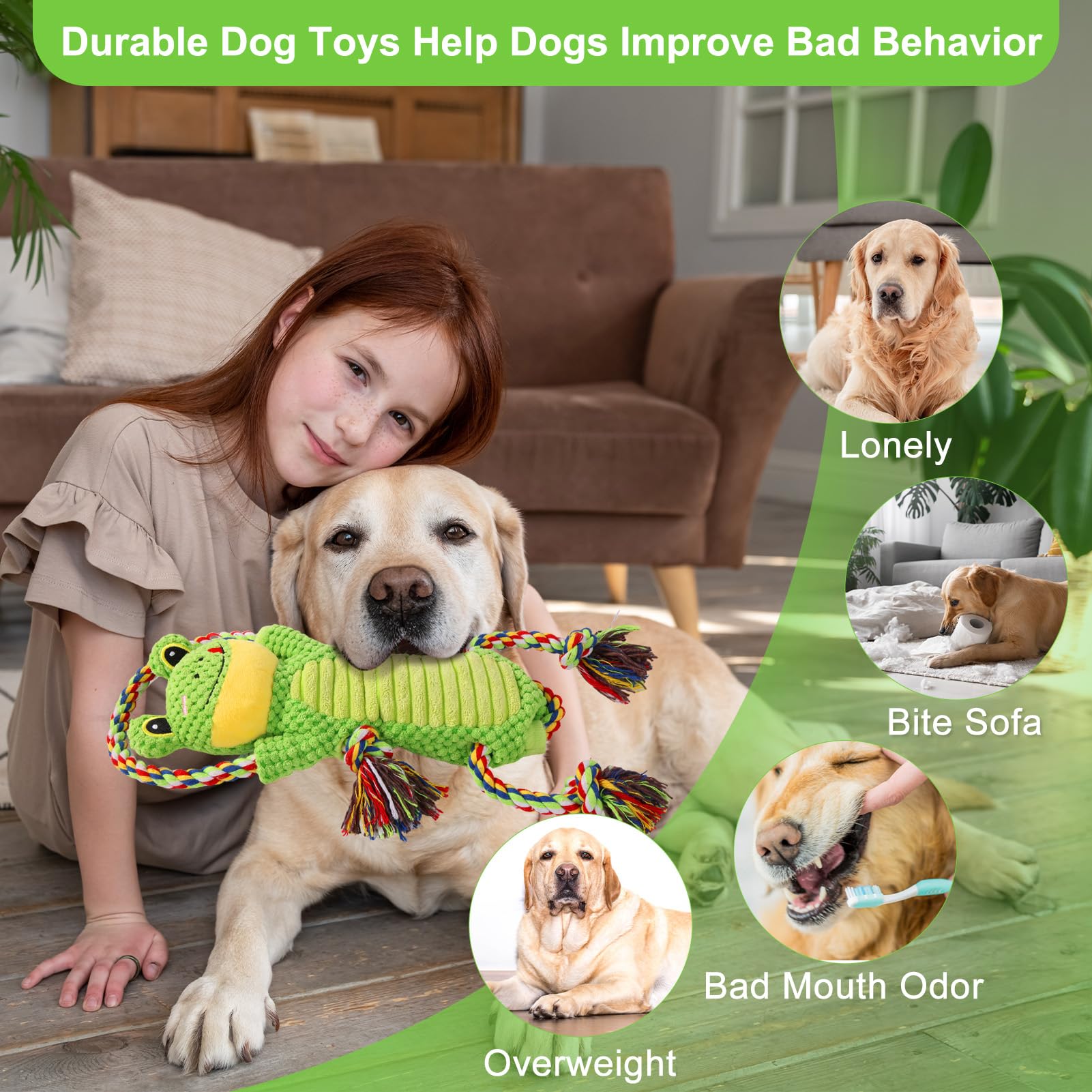 Interactive Chew Proof Dog Toys for Boredom & Anxiety - Plush with Squeaker & Crinkle Sound & Ropes for Small, Medium, Large Dog