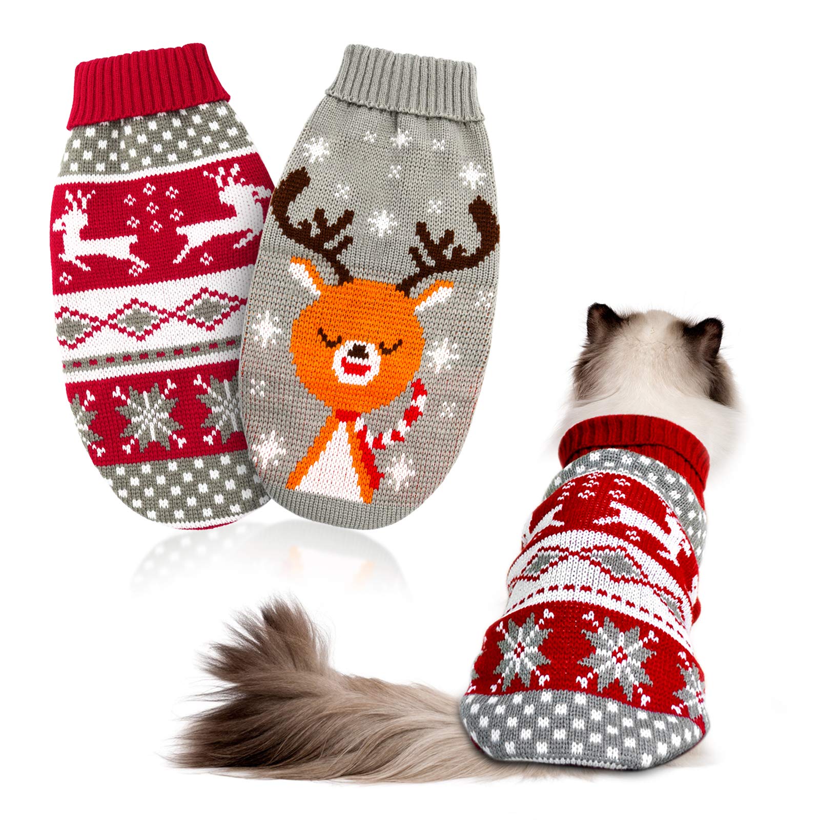 Hylyun Cat & Dog Christmas Sweater 2 Pack - Reindeer & Snowflake Sweaters For Kittens & Small Dogs (X-Small, Red, Grey)