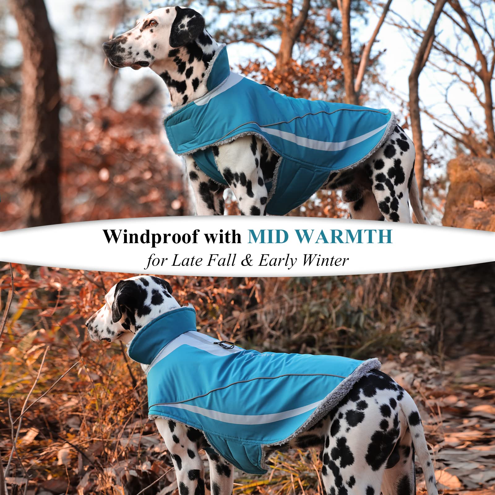 Vivaglory Dog Coat - Lightweight Cozy Fleece Lined Jacket For Late Autumn And Early Winter, Water Resistant, Turquoise