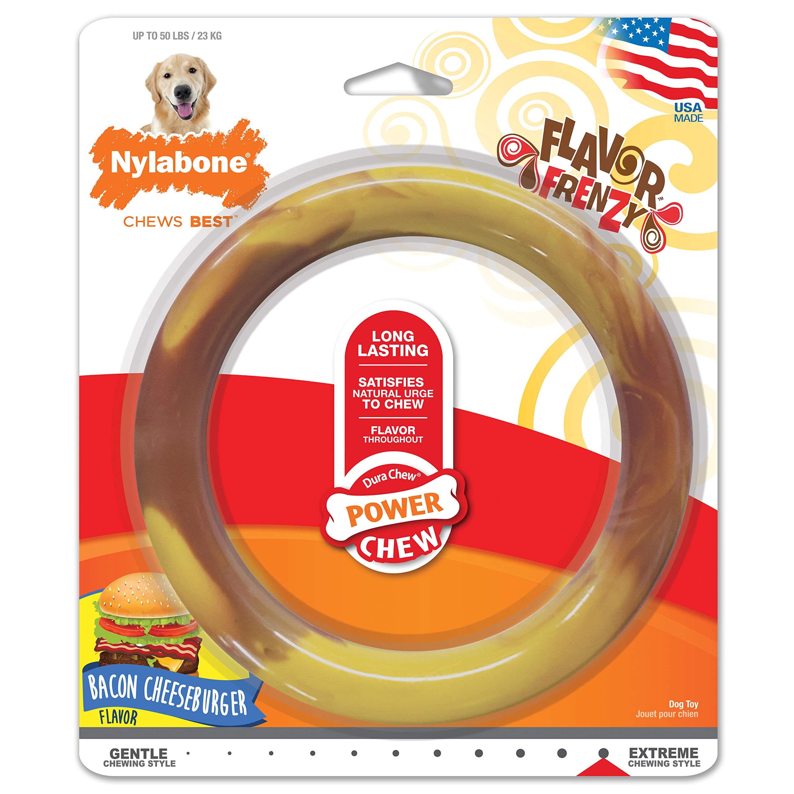 Nylabone Power Chew Flavor Frenzy Ring Chew Toy For Dogs, Indestructible Chew Toys For Aggressive Chewers, Bacon Cheeseburger Flavor, Large/Giant - Up To 50 Lbs. (1 Count)