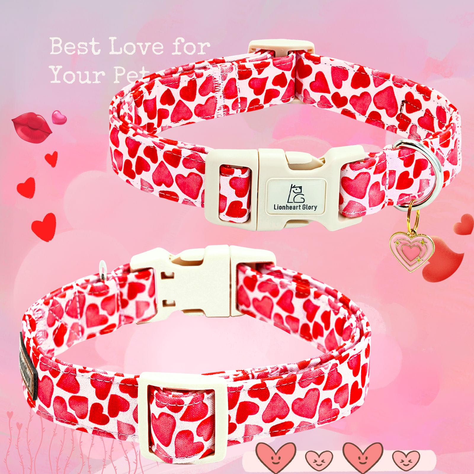 Lionheart Glory Valentine Collar, Red Hearts Dog Collar For Medium Cute Dog Collars Spring Female Pet Gift Adjustable Heavy-Duty