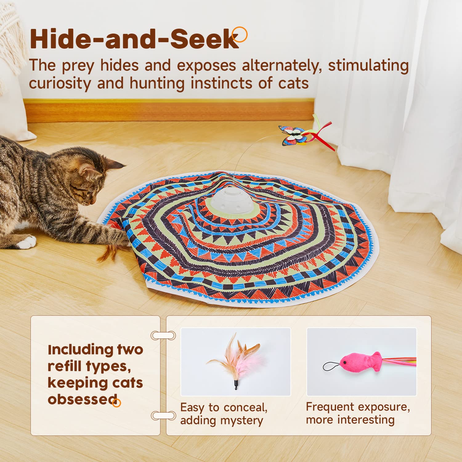 Potaroma Cat Toys Chargeable, 3In1 Hide And Seek, Automatic Interactive Fun, Fluttering Butterfly, Moving Feather, Kitten Wand, Indoor Kitty Exercise Kicker 22.8 Inch Cover For All Breeds