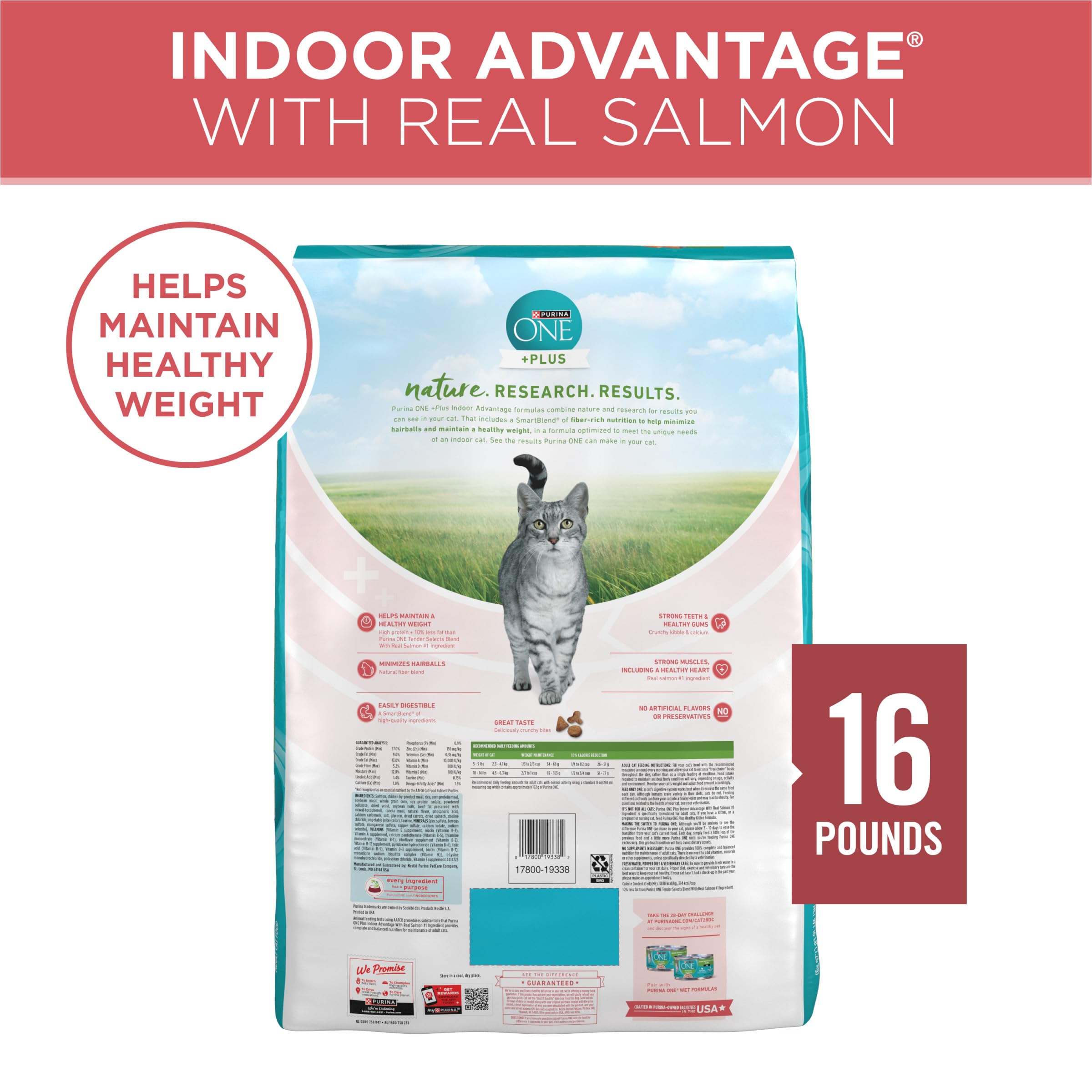 Purina ONE Natural Low Fat, Indoor Dry Weight Control High Protein Cat Food Plus Indoor Advantage With Real Salmon - 16 lb. Bag
