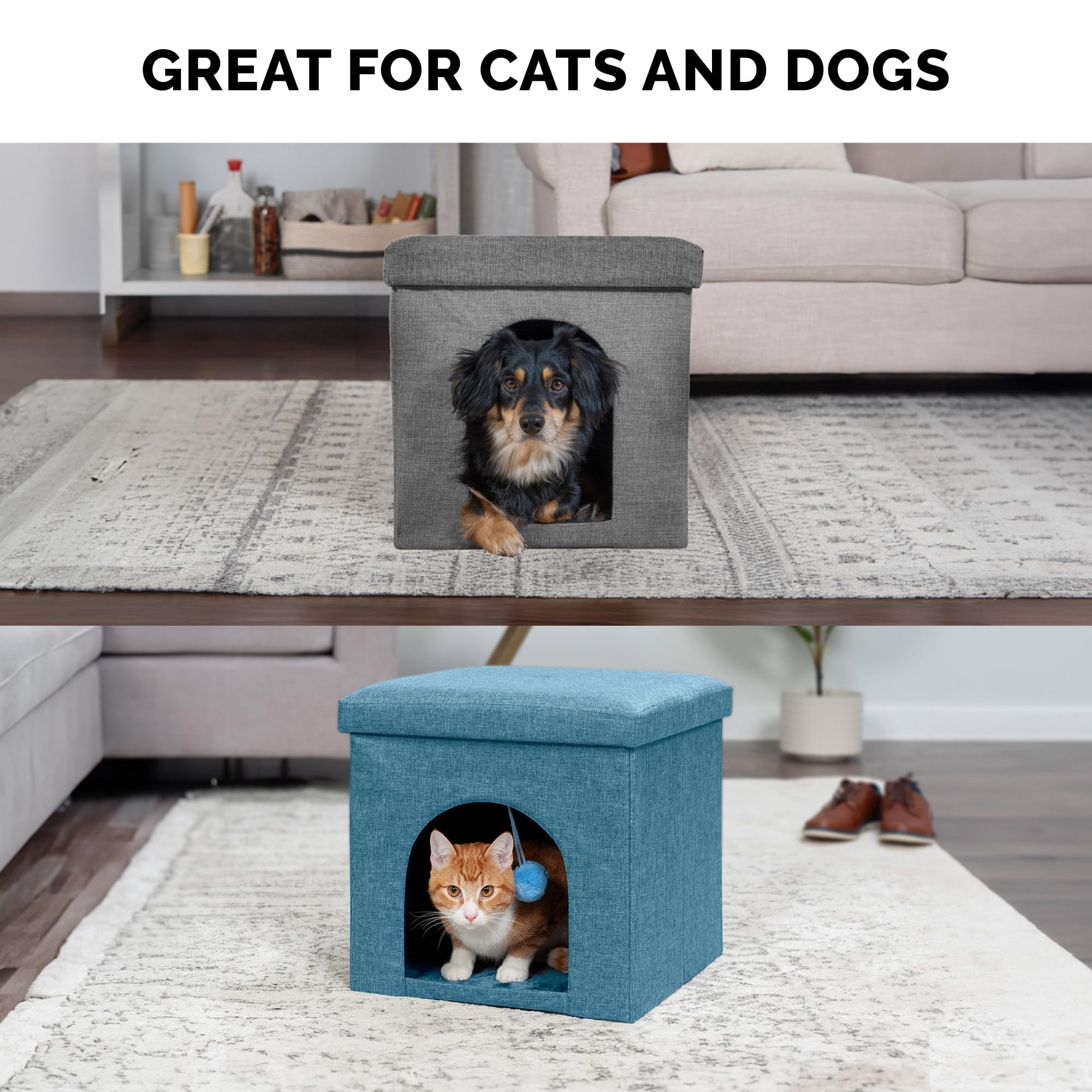 Furhaven Pet House for Indoor Cats & Small Dogs, Collapsible & Foldable w/ Plush Ball Toy - Living Room Footstool Cat Condo - Oc
