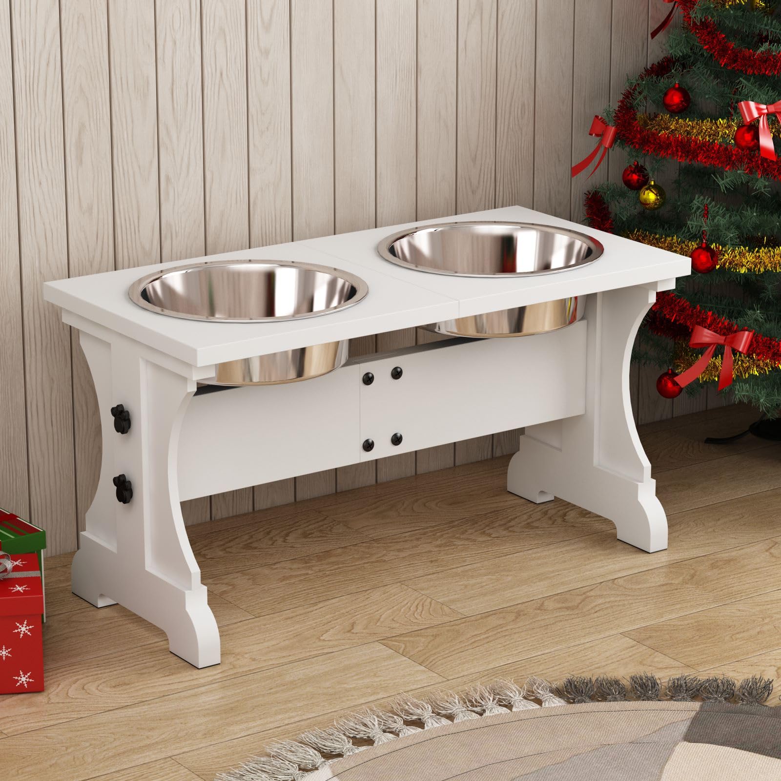 Piskyet Elevated Dog Bowls,Farmhouse Dog Bowls Stand, Raised Dog Bowl With 2 Stainless Steel Wooden Dog Bowls,7 Cups 11''H_55 Oz