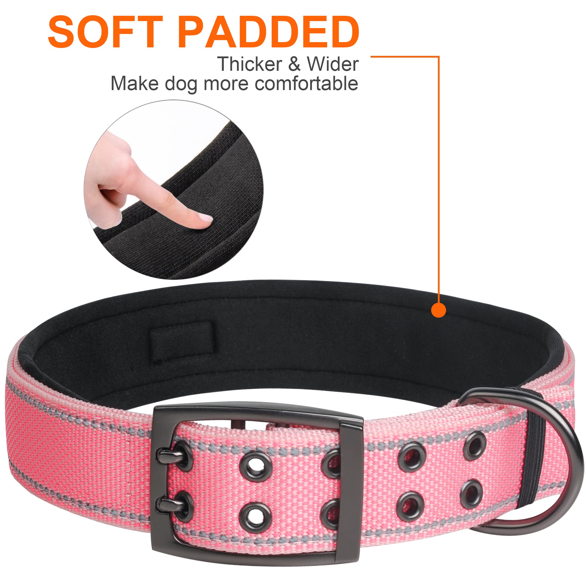 Fida Heavy Duty Dog Collar 1.5” Width, Ultra Soft Neoprene Padded, Adjustable Reflective Nylon Pet Collar With Two Metal Pin Belt Buckle For Large/X-Large Breeds (Xl, Pink)
