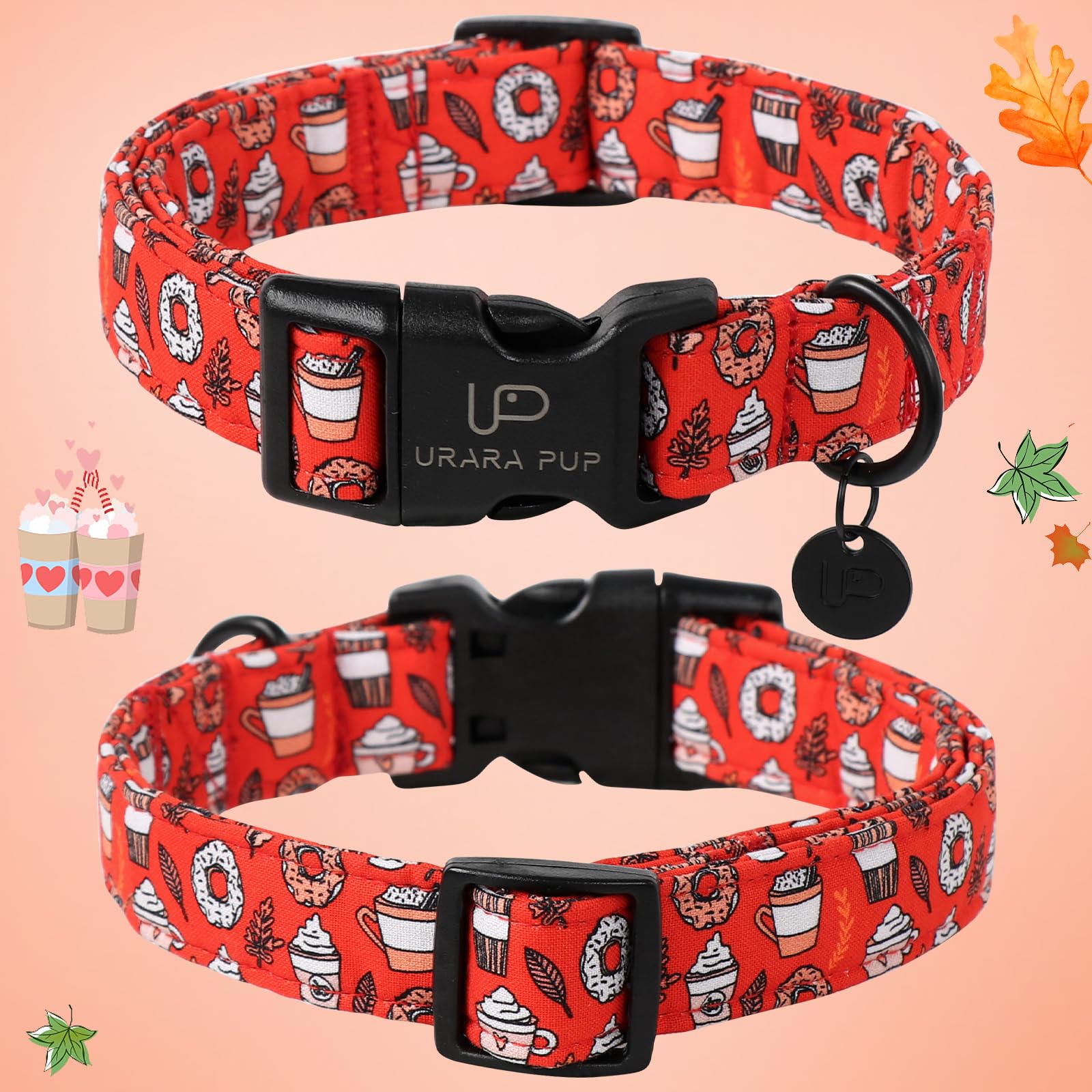 Up Urara Pup Fall Cotton Dog Collar With Plastic Buckle, Cute Doughnut Autumn Puppy Collar, Adjustable&Lightweight Pet Collar Fo