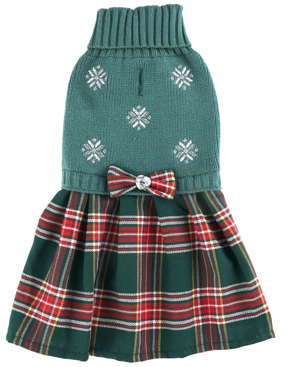 Green Embroidery Snowflake Chihuahua Clothes, Holiday Festive Christmas Dog Sweater Dress For Girl Puppy, Plaid Cat Outfit, X-Small (Xs) Size Back Length 9'