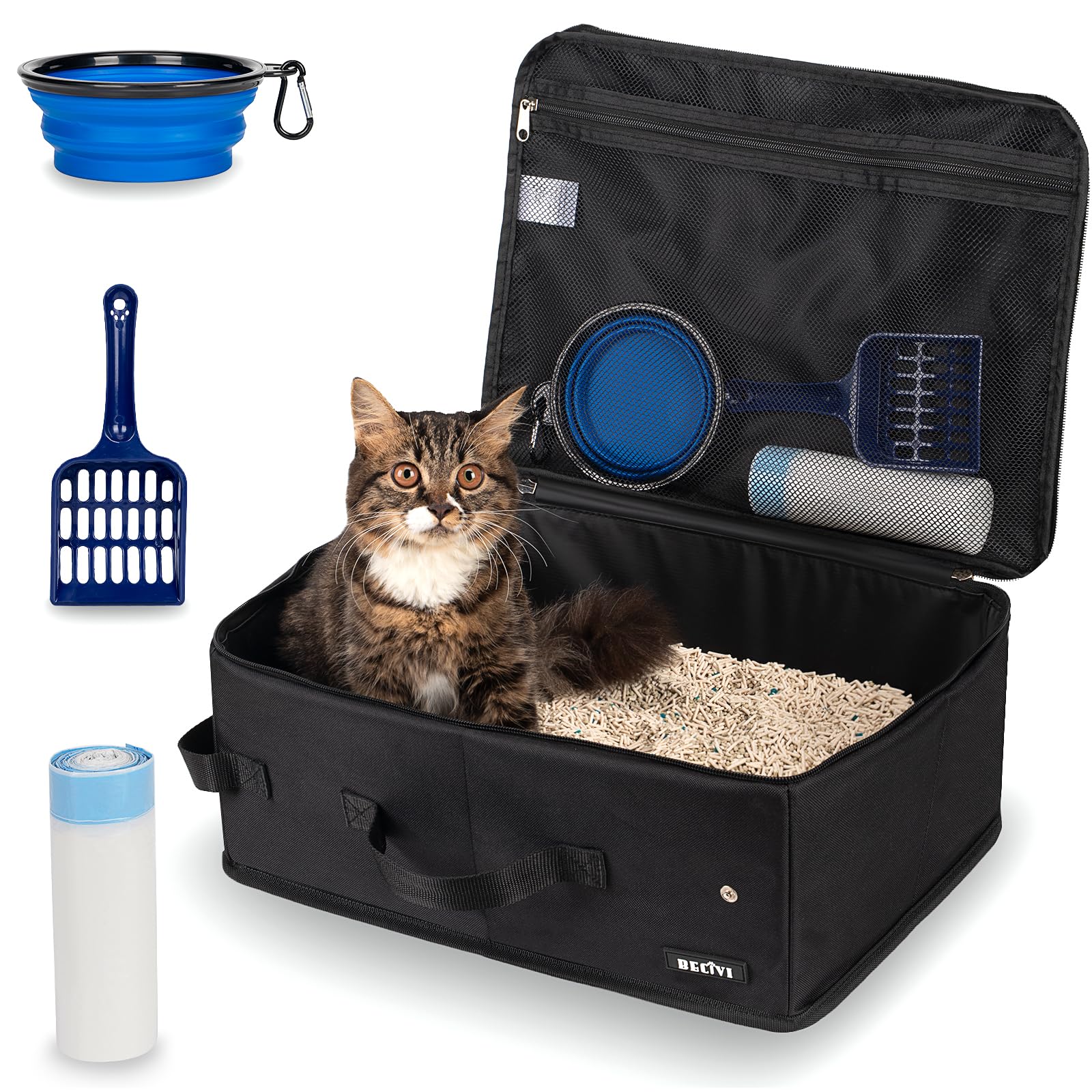 Portable Cat Travel Litter Box with Lid and 10 Pcs Disposable Liner Bags, Leak-Proof & Collapsible, Easy Clean Odor-Control Cat 