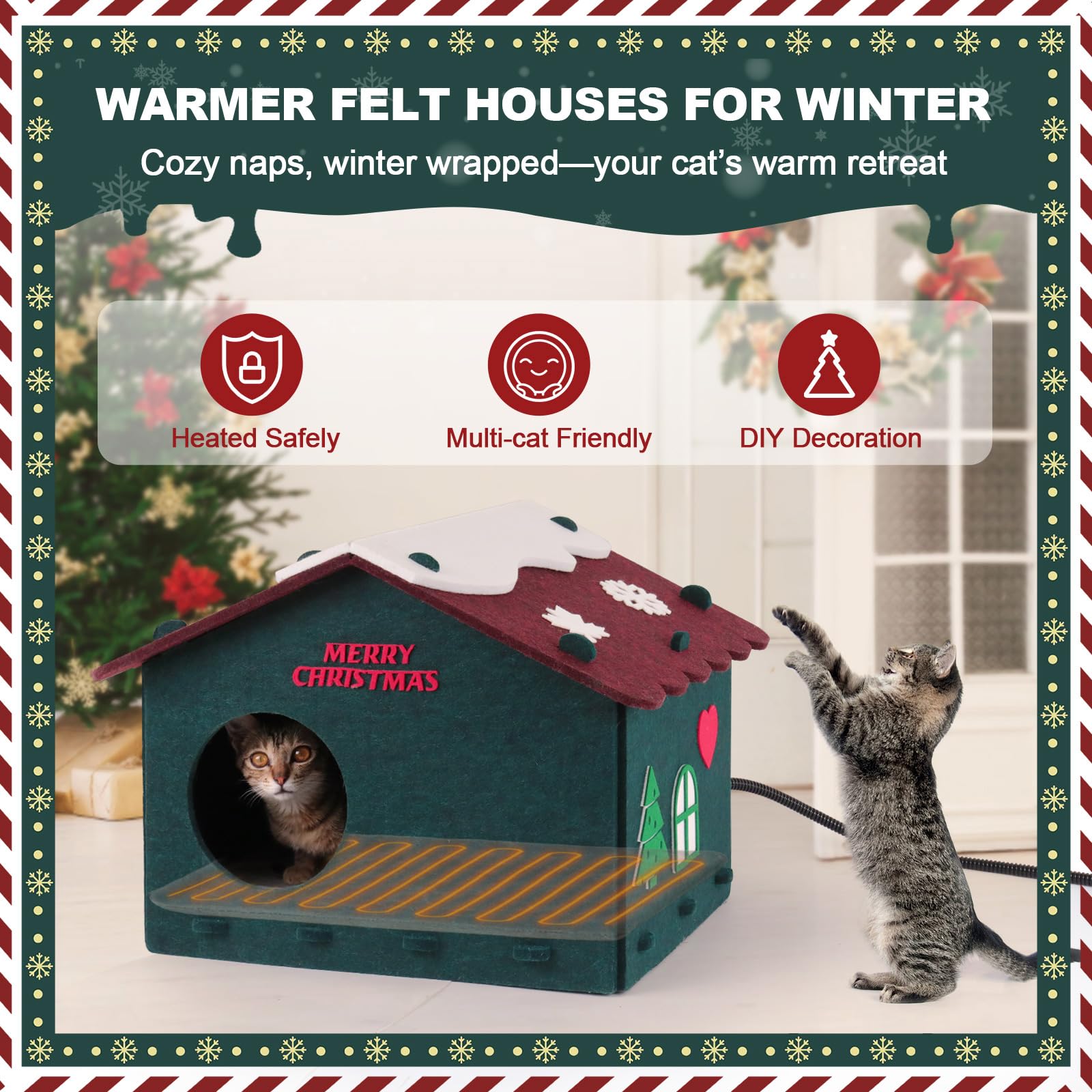Christmas Heated Cat Bed, Cute Felt Beds For Cats, Scratch Resistant, Christmas Decorations
