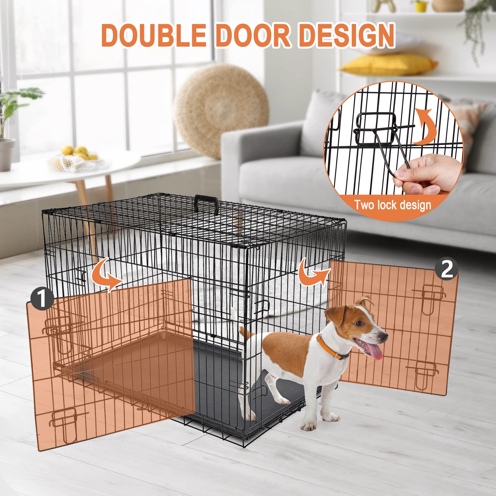 30/36/42 Inches Double Door Dog Crate Folding Metal Wire Dog Kennel Cage With Tray For Small/Medium/Large Dogs Indoor Outdoor Tr