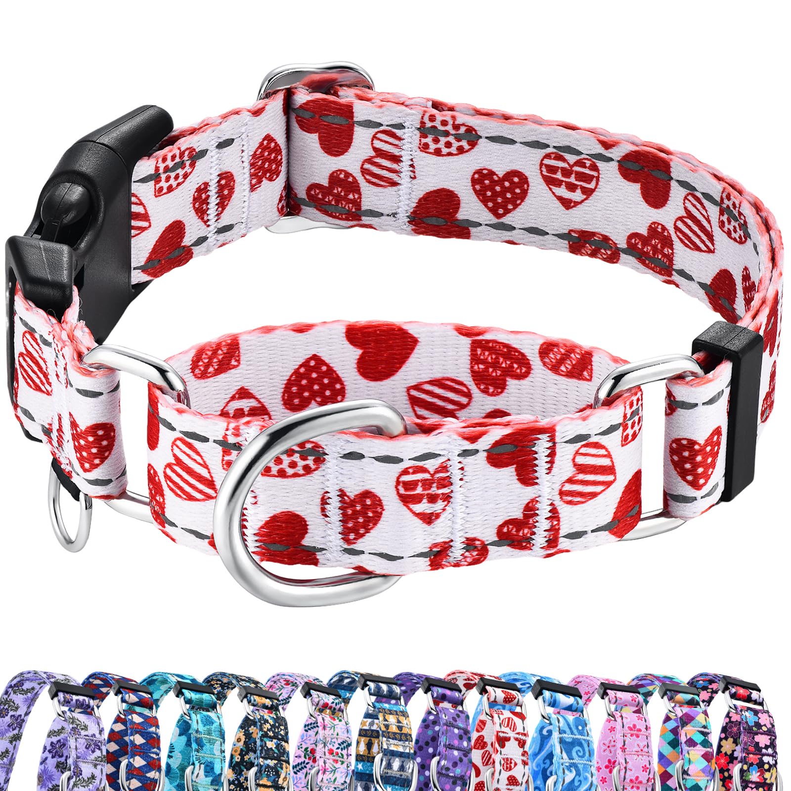 Fidohug Valentines Reflective Martingale Collar For Dogs With Quick Release Buckle Cute Girl No Pull Dog Collars (Red Heart, Lar