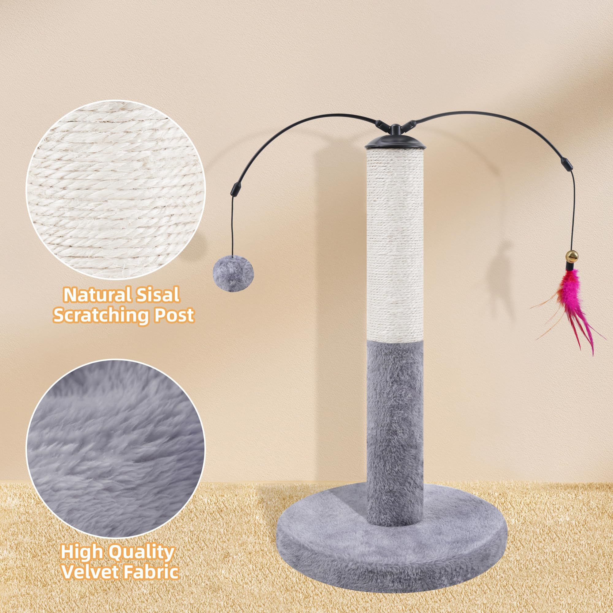 Yunique Cat Scratching Post, Cat Scratcher With Natural Sisal Rope For Indoor Cats, Scratching Posts With Dangling Balls And Fea