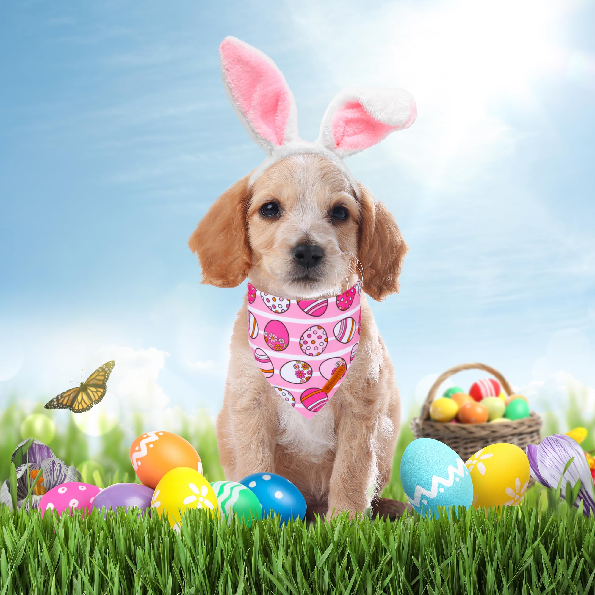 ADOGGYGO Easter Dog Bandana, Pink Bunny Scarf, Premium Durable Fabric, Adjustable Fit Female Pet Easter Bandanas for Small Dogs