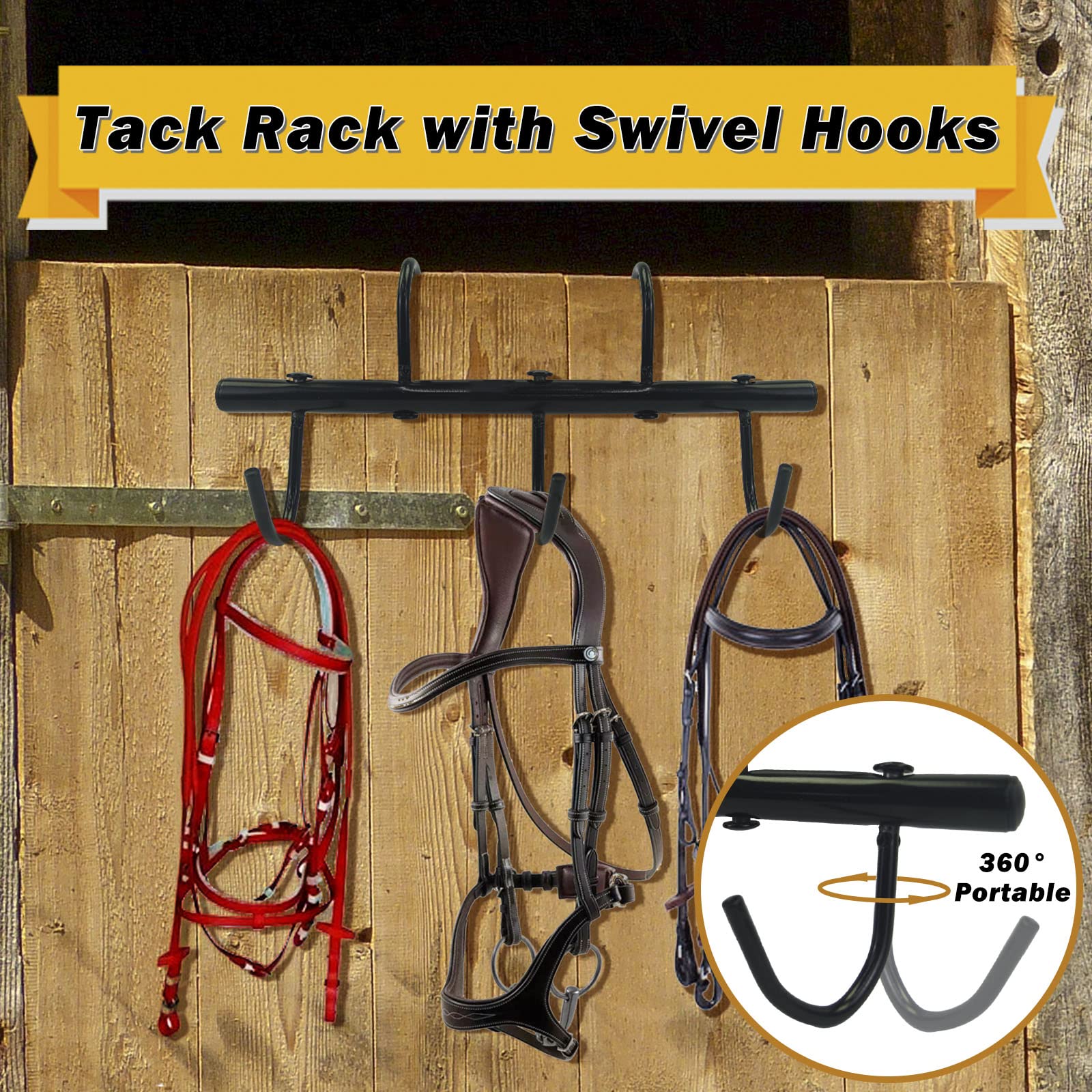 Vbuy 2Pcs Steel Tack Rack With Swivel Hooks For Horses Black Hanging Bridle Hooks Portable Tack Hangers Horse Tack Room Organize