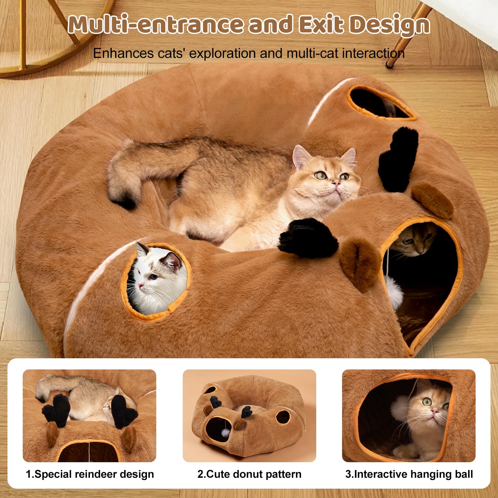 Odoland Reindeer Cat Tunnels Bed With 20 Kitten Toys For Indoor Cats, Plush Cats Couch Tunnel Bed - Kittens Cave Donut Tunnel -