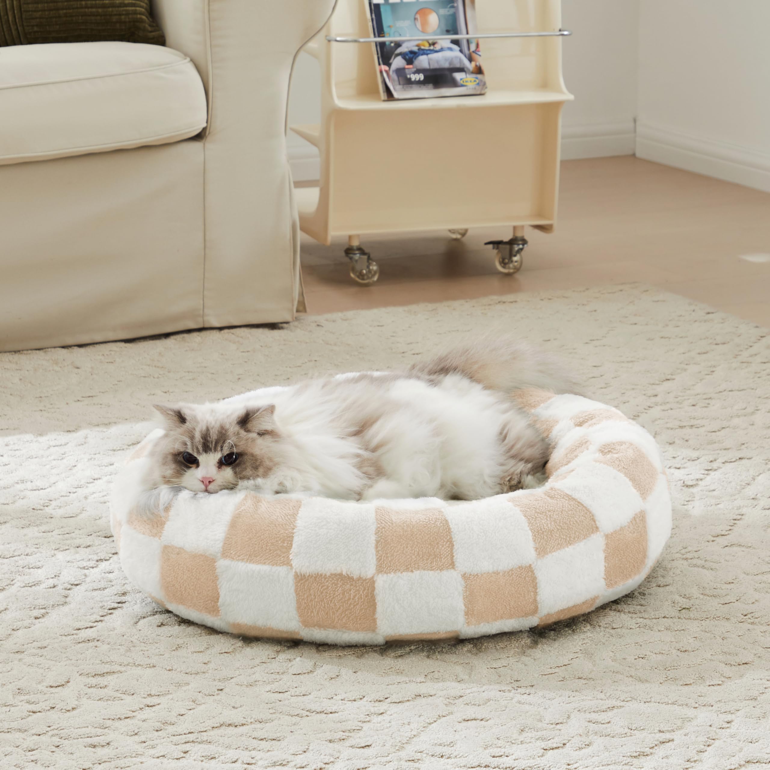 Ohocut Checkered Cat Dog Bed, Cute Beige Khaki Retro Style Aesthetic Round Warming Pet Calming Beds For Small Dog And Cats, Plus