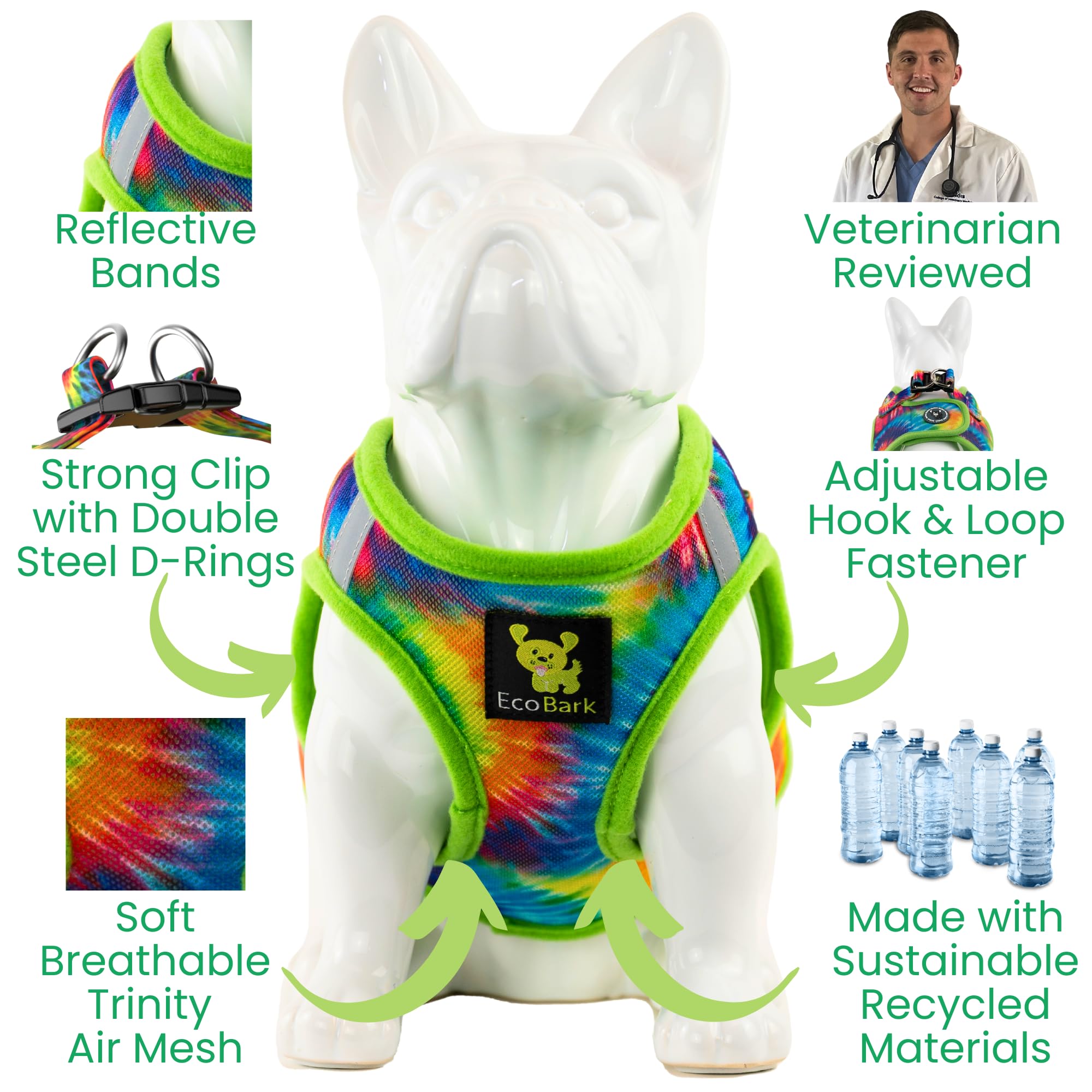 Ecobark Step In Dog Harness - Eco-Friendly Teacup Dog Harnesses For Xxs, Xs, And Small Dogs - Reflective And Adjustable Mini Body Halter Vest -Tiny Soft Mesh Toy Breed Harness (Xxxs, Tie Dye)