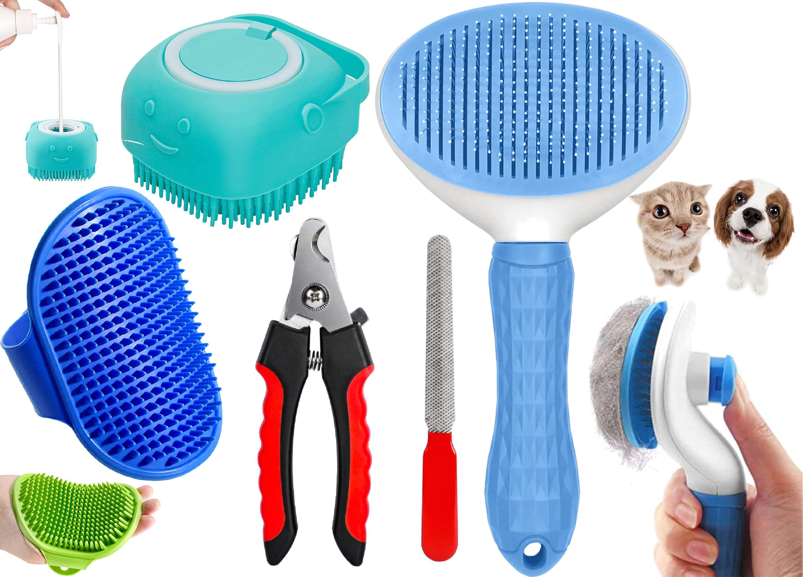 Styllent 4In1 Pet Grooming Set  SelfCleaning Slicker Deshedding Brush + Silicone Bath & Massage Tool + Adjustable Rubber Bath S