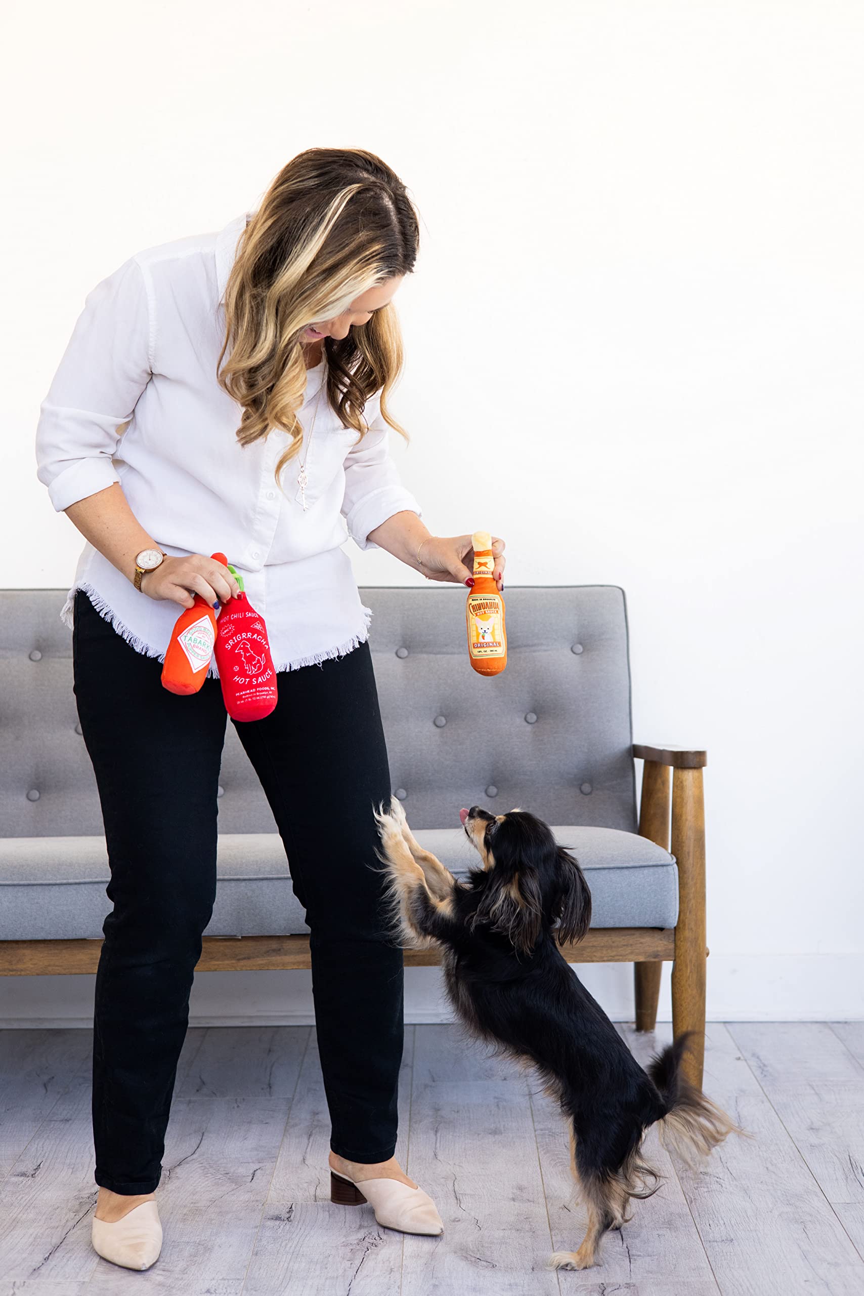 Pearhead Hot Sauce Dog Toys, Set Of 3, Hot Sauce Toy Set For Dogs, Must Have Toys For Pet Owners, Plush Chew Toys Set Of 3