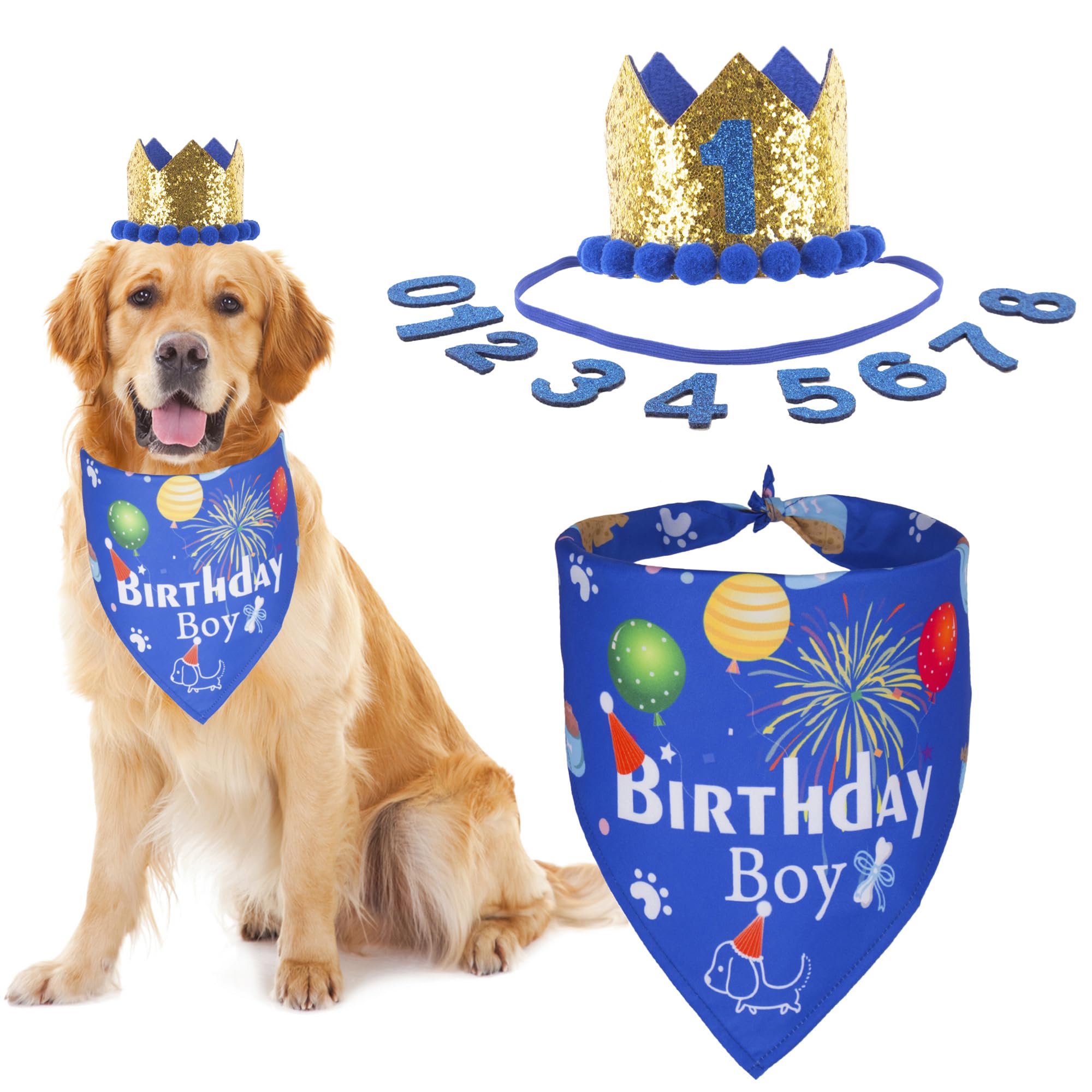 ADOGGYGO Dog Bandana Hat Set for Birthday Party Supply, Boy Girl Pet Birthday Scarf for Extra Large Dog (X-Large, Blue)