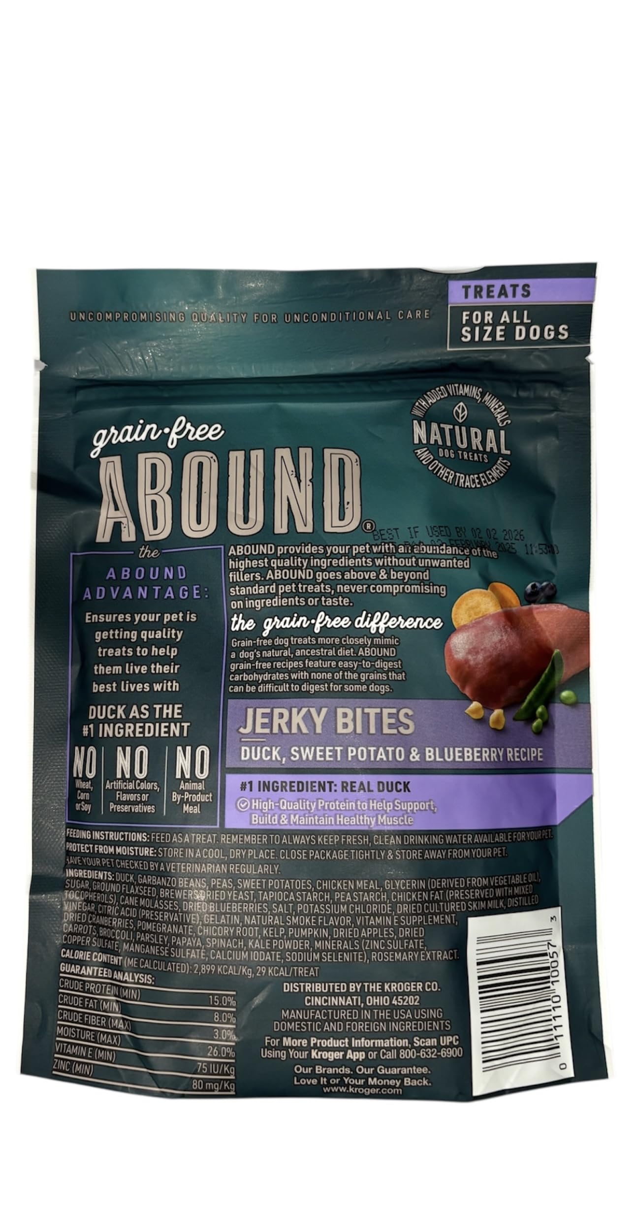 Abound Grain Free Natural Duck, Sweet Potato & Blueberry, Jerky Bites Dogs Treats 12oz