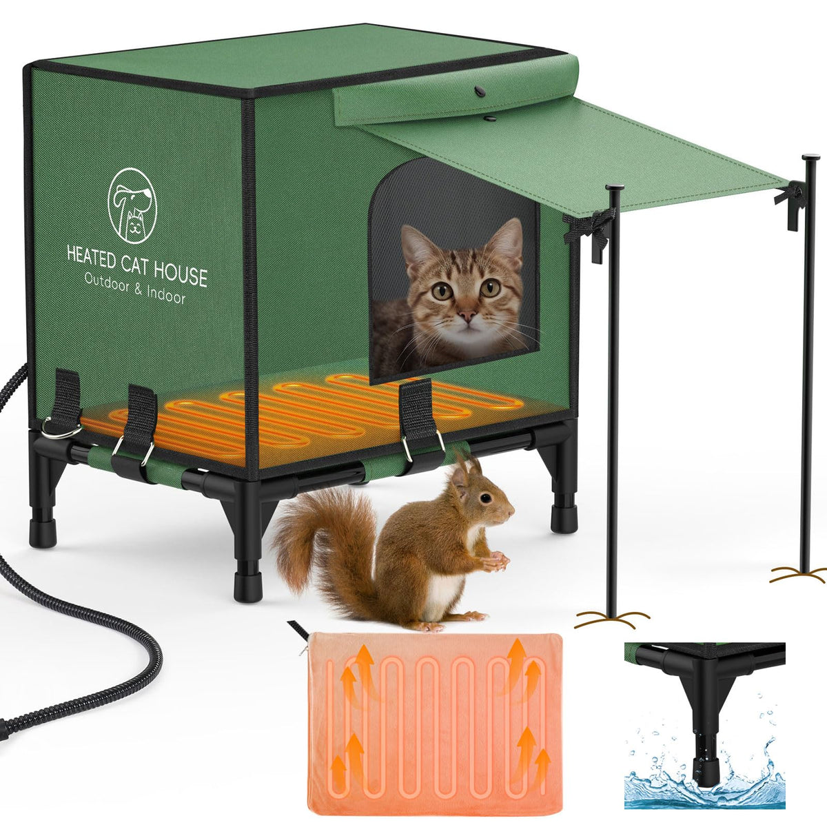 Pawaboo Indestructible Heated Cat House For Outdoor In Winter, 100% Waterproof Awning & Elevated Base, Insulated Outdoor Cat She