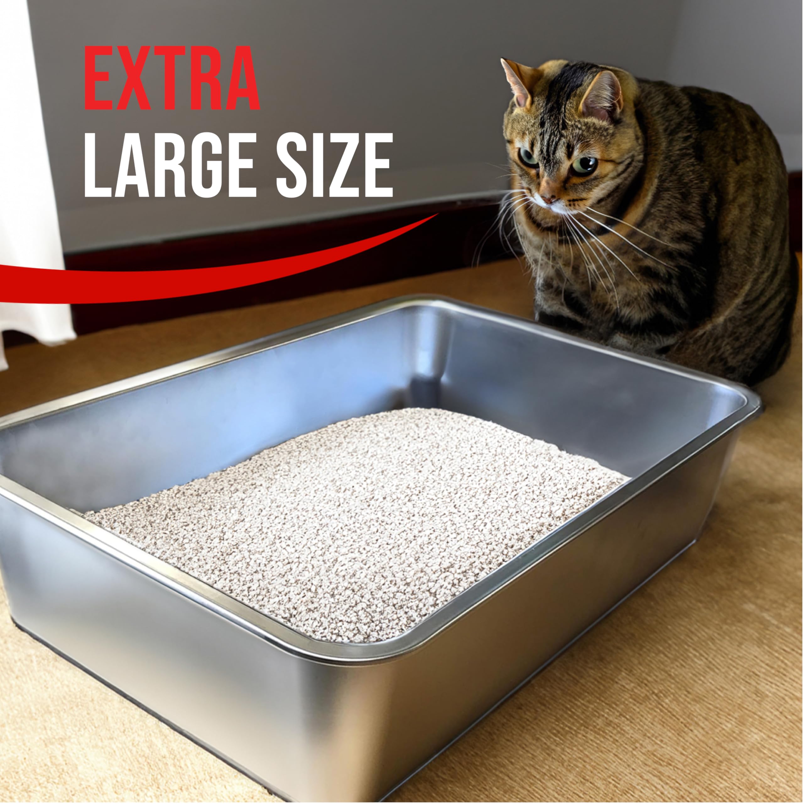 Iprimio Ultimate Stainless Steel Xl Cat Litter Box - Xl Litter Box For Big Cats - Large Cat Litter Box - Never Absorbs Odor, Stains, Or Rusts - Easy Cleaning Litterbox Designed By Cat Owners (1 Pan)