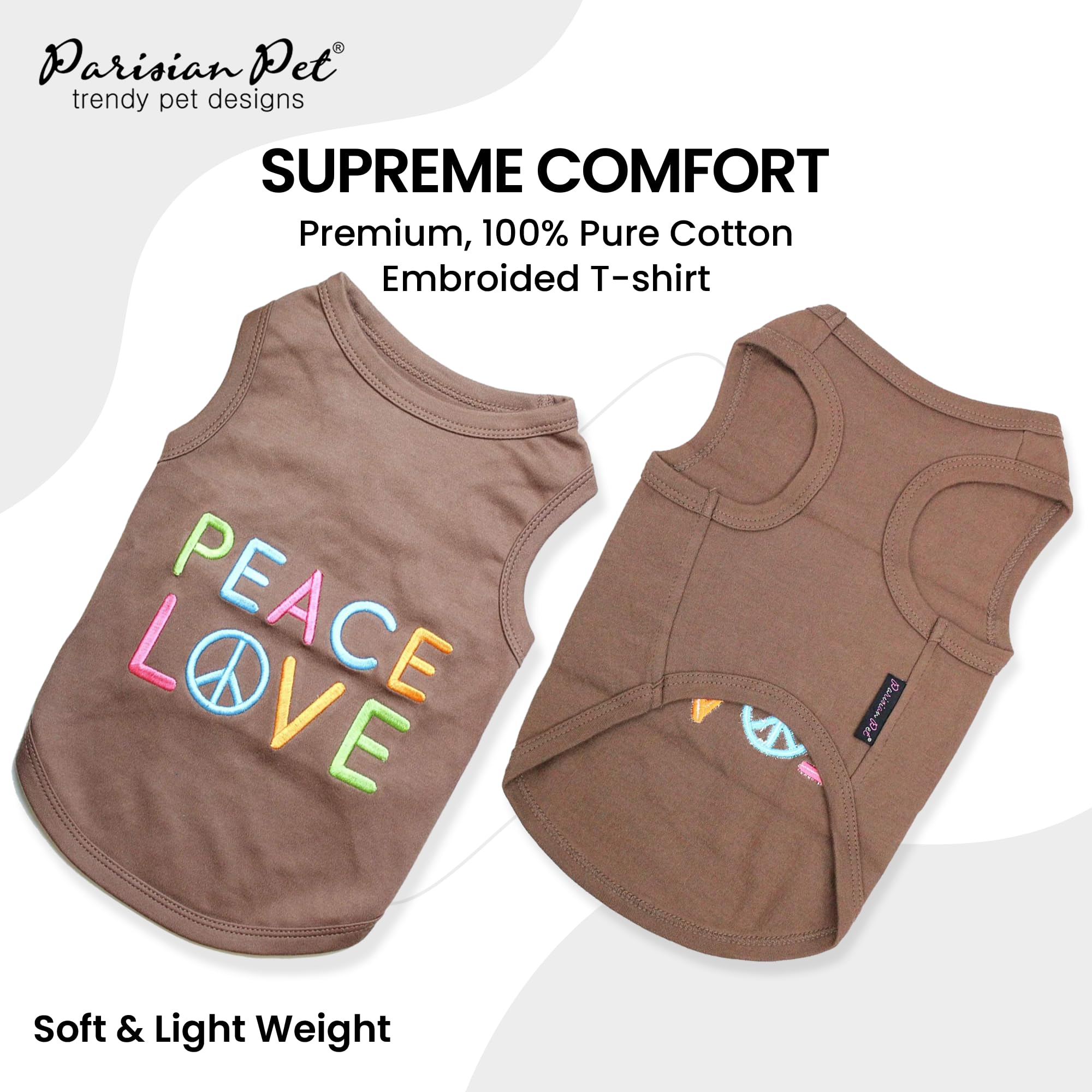 Parisian Pet Dog T-Shirt - Embroidered Peace Love 100% Cotton, Breathable Dog Clothes - Sleeveless Pet Vest - Machine Washable D