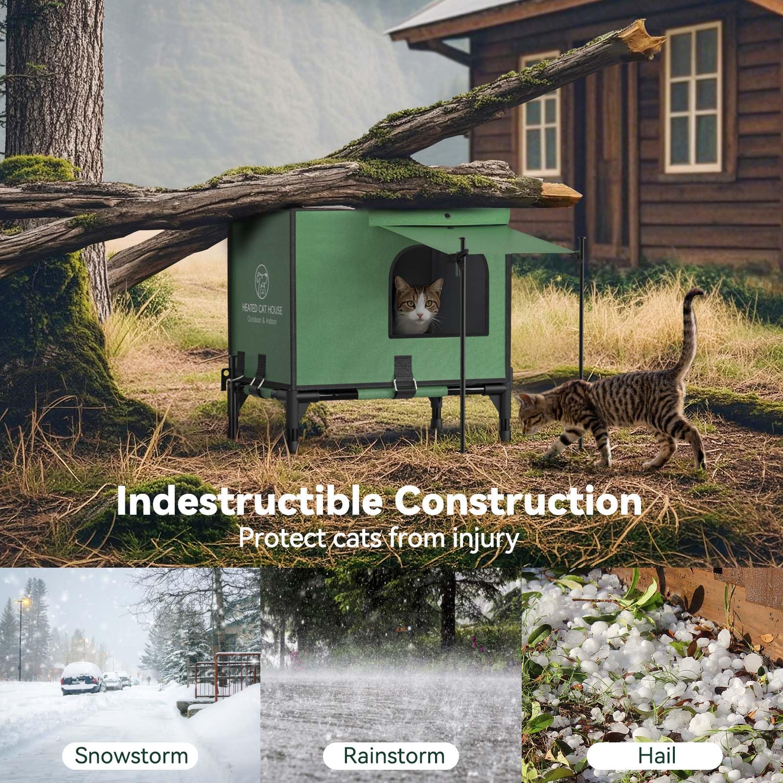 Pawaboo Indestructible Heated Cat House For Outdoor In Winter, 100% Waterproof Awning & Elevated Base, Insulated Outdoor Cat She