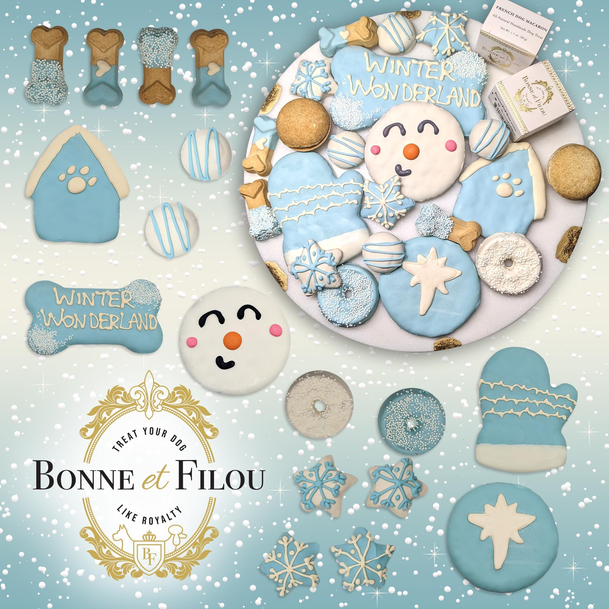 Bonne et Filou Winter Dog Treats, Gourmet Gift Box, 21 Luxury Macarons, Truffles & Bone Cookies, Healthy & Delicious Treats for