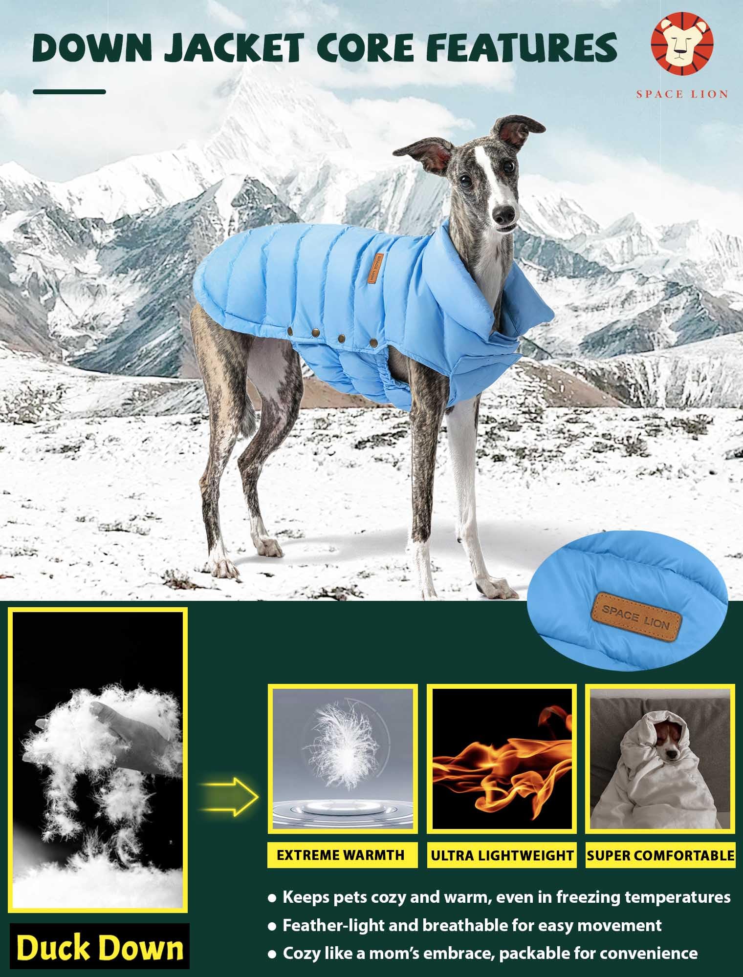 Space Lion Puffer Jacket, Down Winter Coat, Waterproof, Windproof, Lightweight Jacket, Adjustable Fit For Small To Large Dogs (B