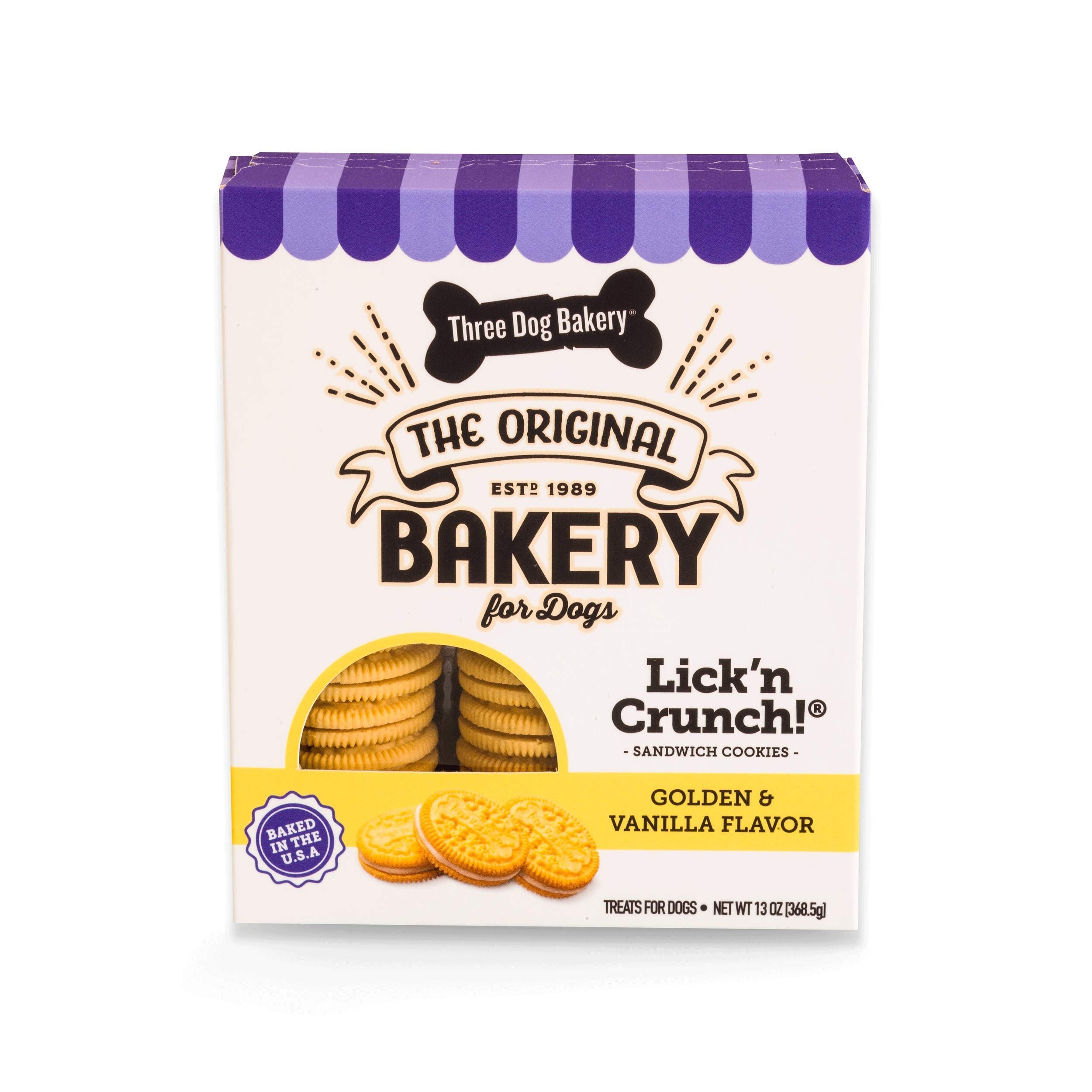 Three Dog Bakery Lickn Crunch! Golden & Vanilla Dog Sandwich Cookies, 20 Count - Dog Treat Cookies, Puppy Cookies with Real Ing
