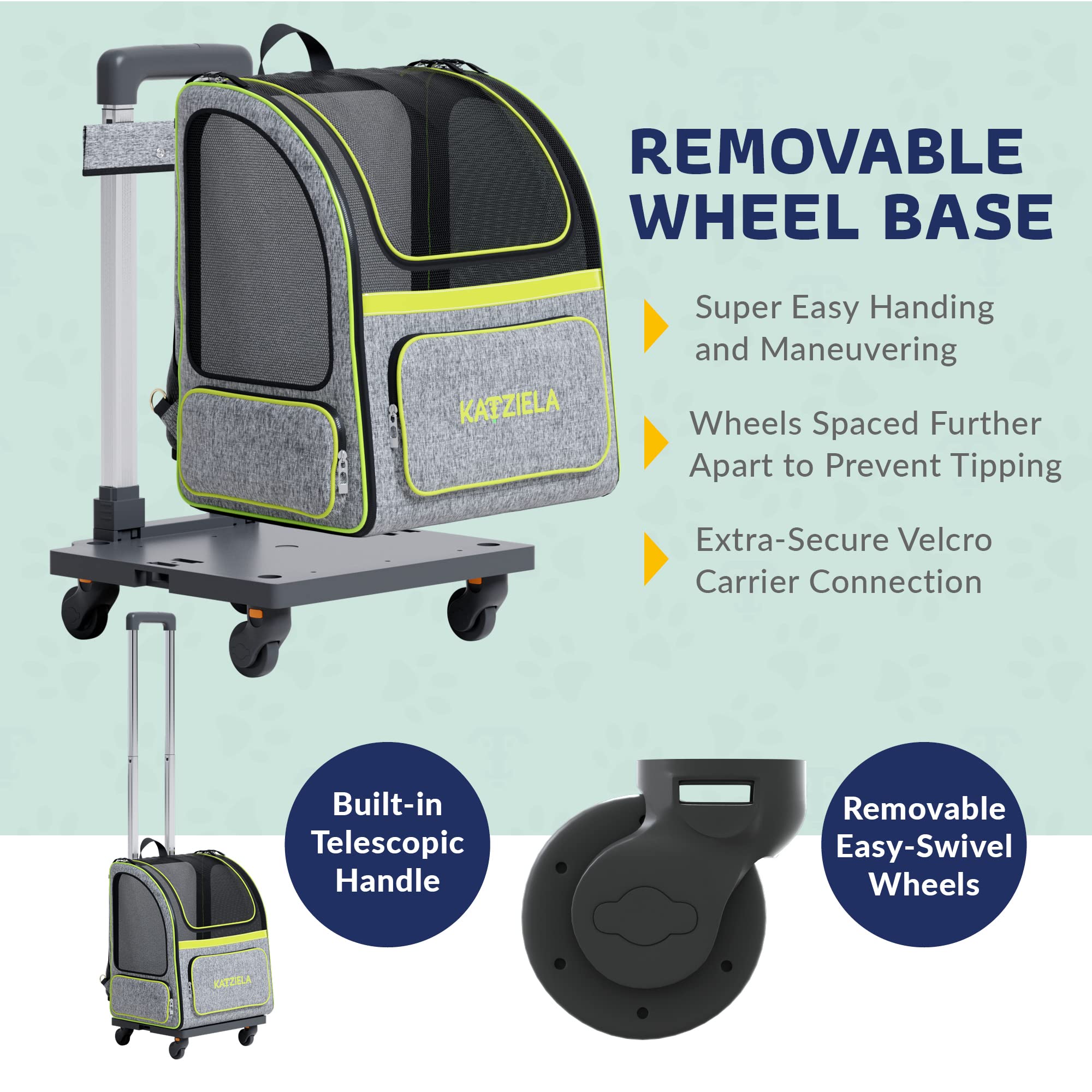 Katziela Wheeled Pet Carrier Backpack - Soft Sided, Airline Approved Hiking Carrying Bag For Small Dogs And Cats ?Removable Rolling Wheels ?Mesh Ventilation Windows, Storage Pockets (Green/Gray)