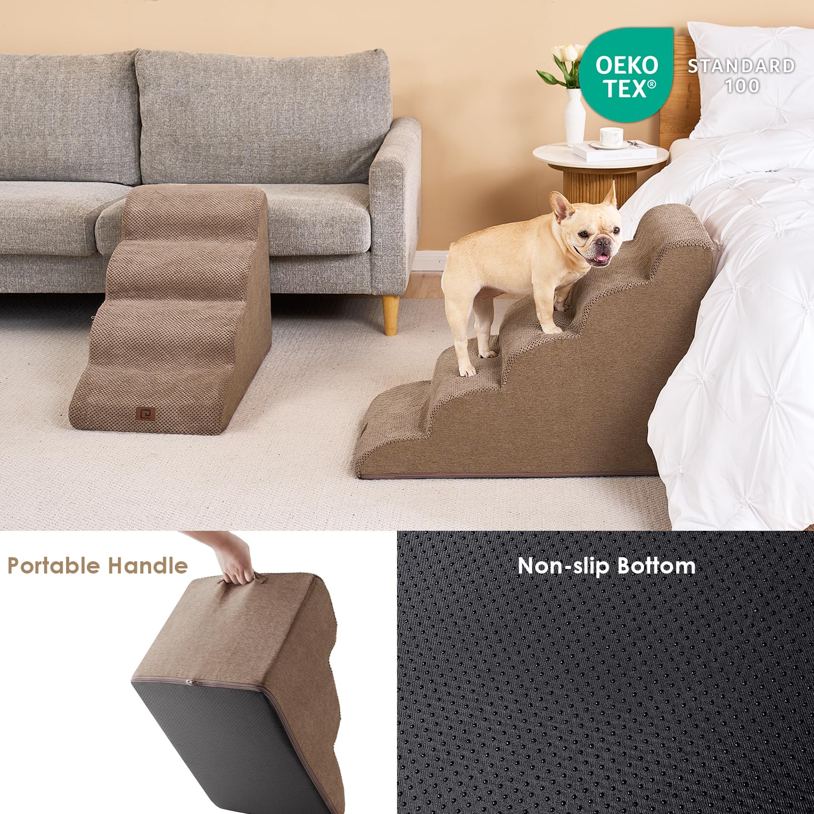 Eheyciga Curved Dog Stairs Ramp For High Beds 22.6' H, 5-Step Dog Steps For Small Dogs And Cats, Pet Stairs For High Bed Climbing, Non-Slip Balanced Pet Step Indoor, Camel