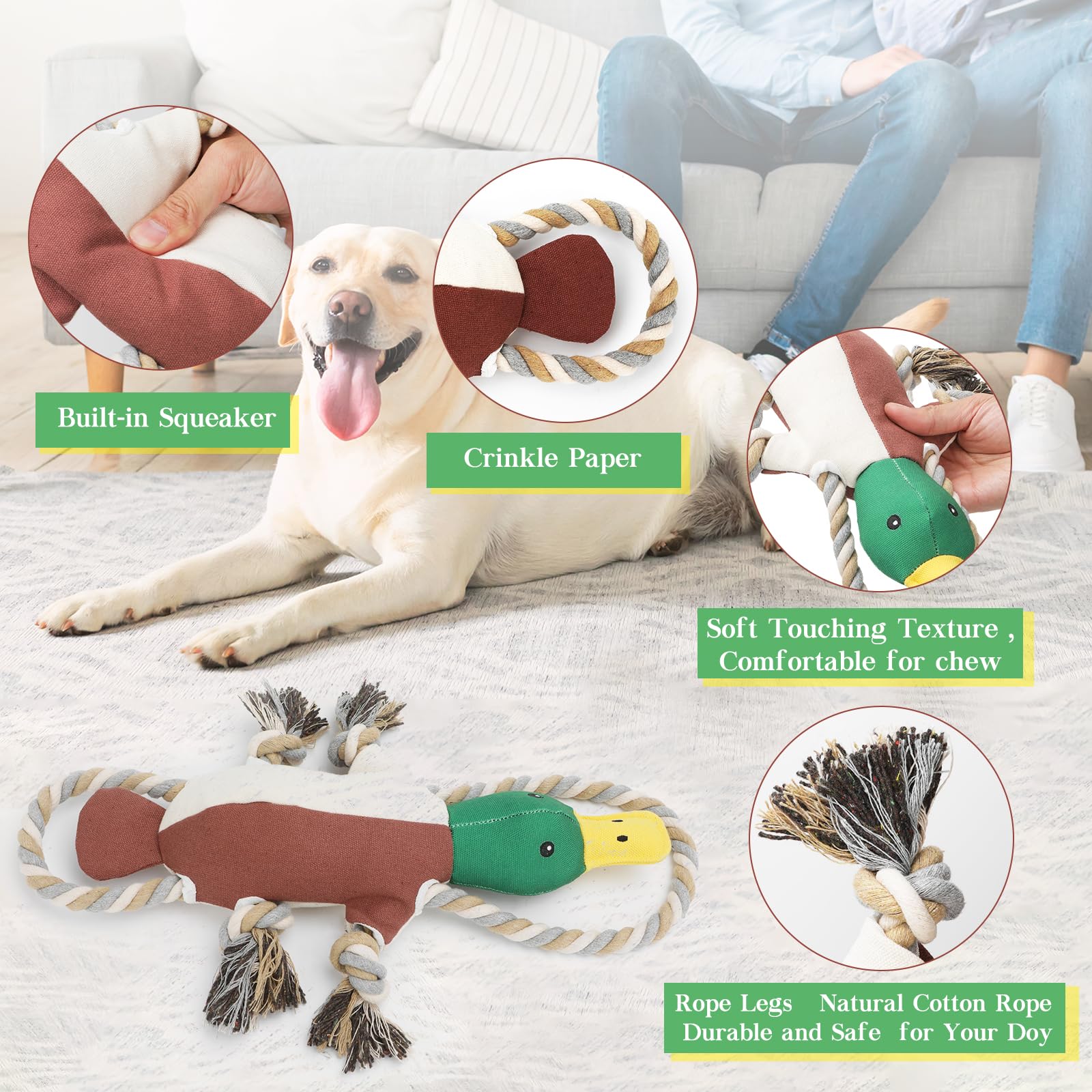 Lesmeet Upgraded Duck Dog Toys For Aggressive Chewers Puppy Toys With Crinkle Paper And Squeaker, Interactive Tug Of War Dog Toy