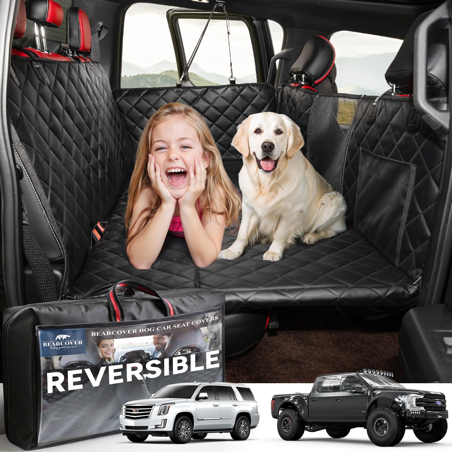 Bearcover Back Seat Extender For Dogs, Waterproof Pet Car Seat Cover, Xl Leather + Plush Rear Seat Protector With Hard Bottom, N