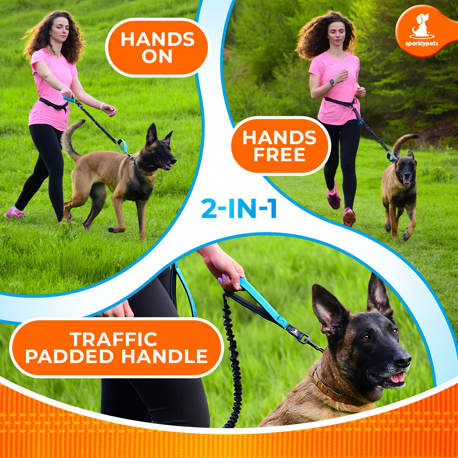 Sparklypets Hands Free Dog Leash For Medium And Large Dogs - Professional Harness With Reflective Stitches For Training, Walking