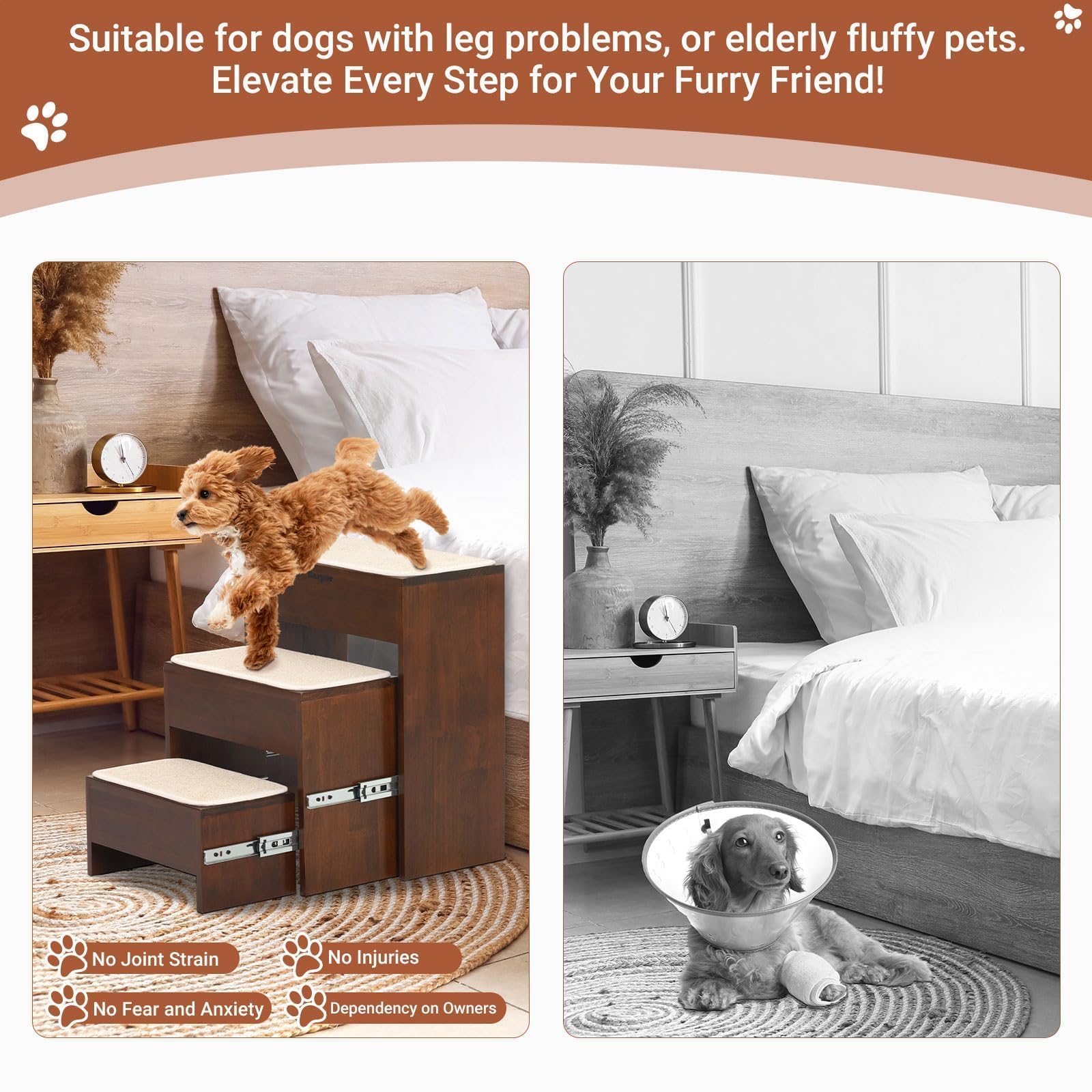 Barpor Dog Steps For Bed, 21 Inch Foldable Pet Stairs, Wooden Furniture Style Cat Stairs For Couch, No Installation 3 Tier