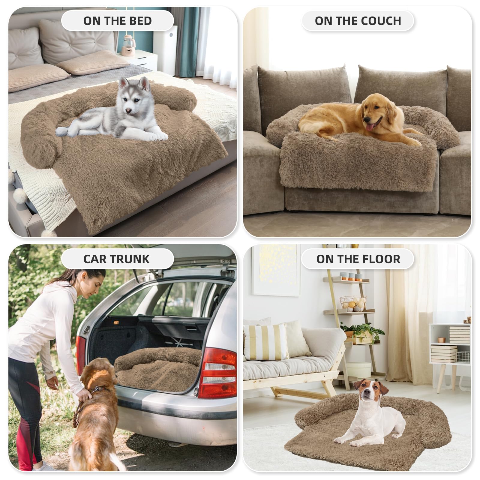 Calming Dog Bed Fluffy Plush Dog Mat For Furniture Protector With Removable Washable Cover For Large Medium Small Dogs And Cats (Medium(41X37X6), Camel)