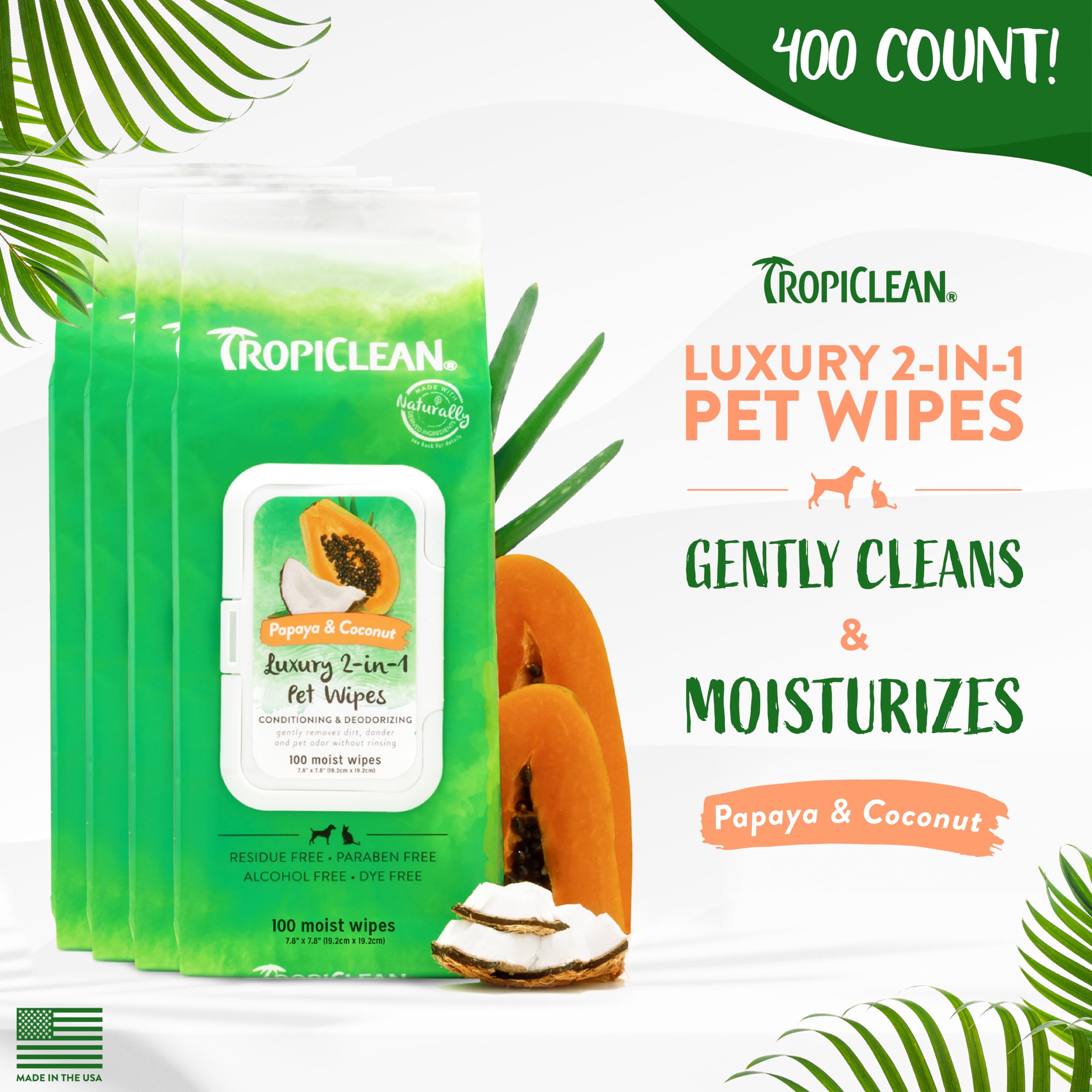 Tropiclean Papaya & Coconut Dog Wipes For Paws And Butt | Deep Cleaning Dog Grooming Wipes | Safe For The Face | Cat Friendly |