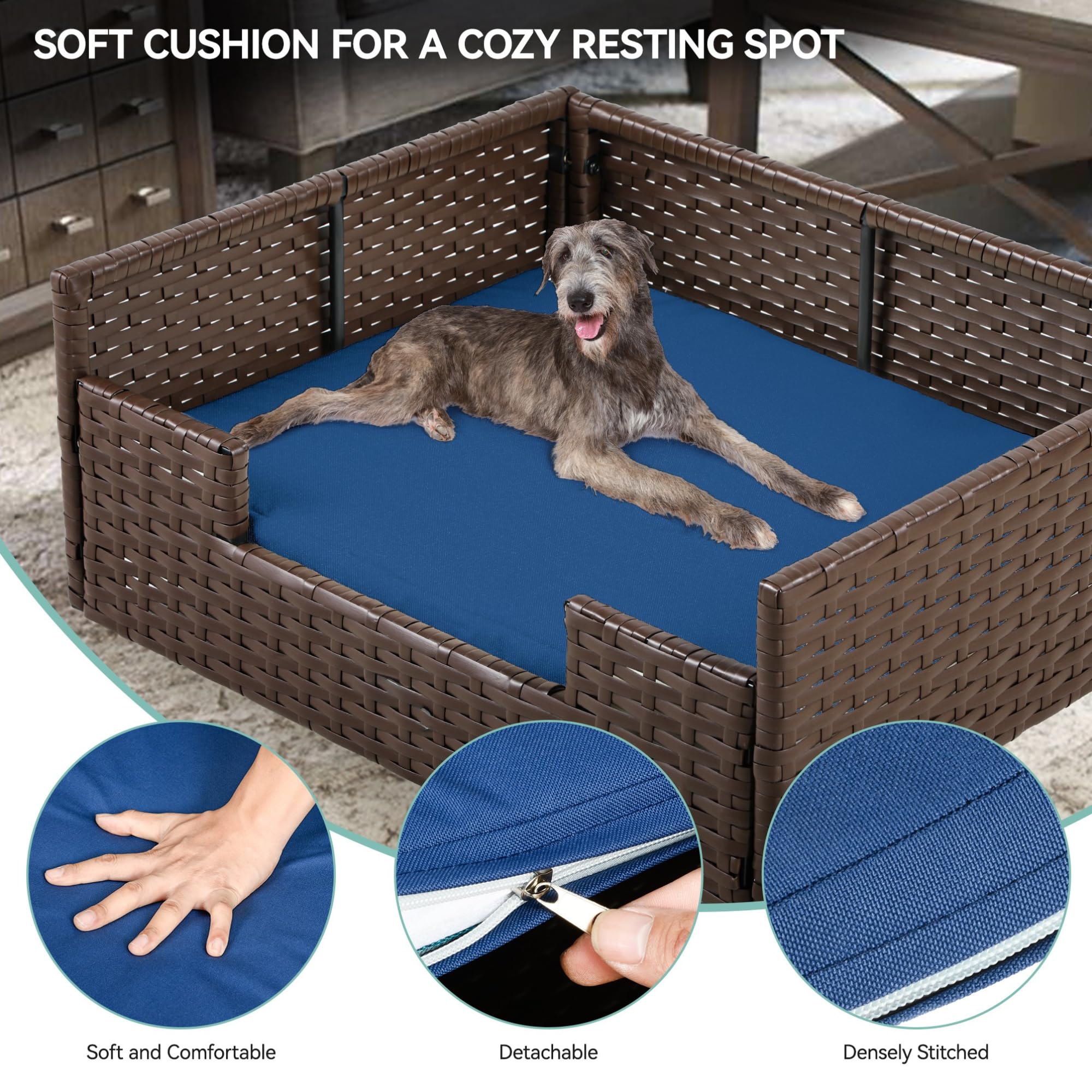 Yitahome Rattan Dog Sofa Bed With Cushion,Wicker Pet Bed Sofa Couch Indoor Outdoor Water Resistant For Large Medium Small Dogs C