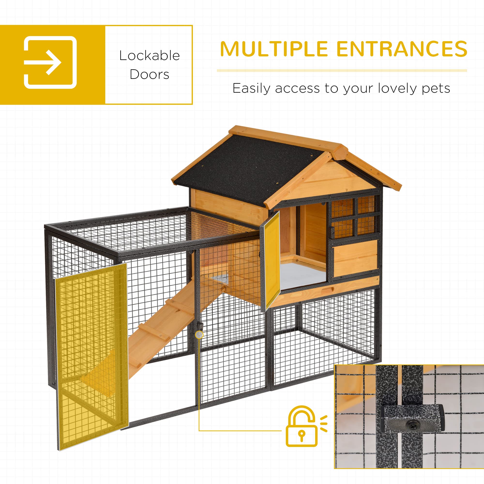 Pawhut Wood-Metal Rabbit Guinea Pig Hutch Elevated Pet House Bunny Cage With Slide-Out Tray Lockable Door Outdoor 122 X 63 X 92Cm Light Yellow