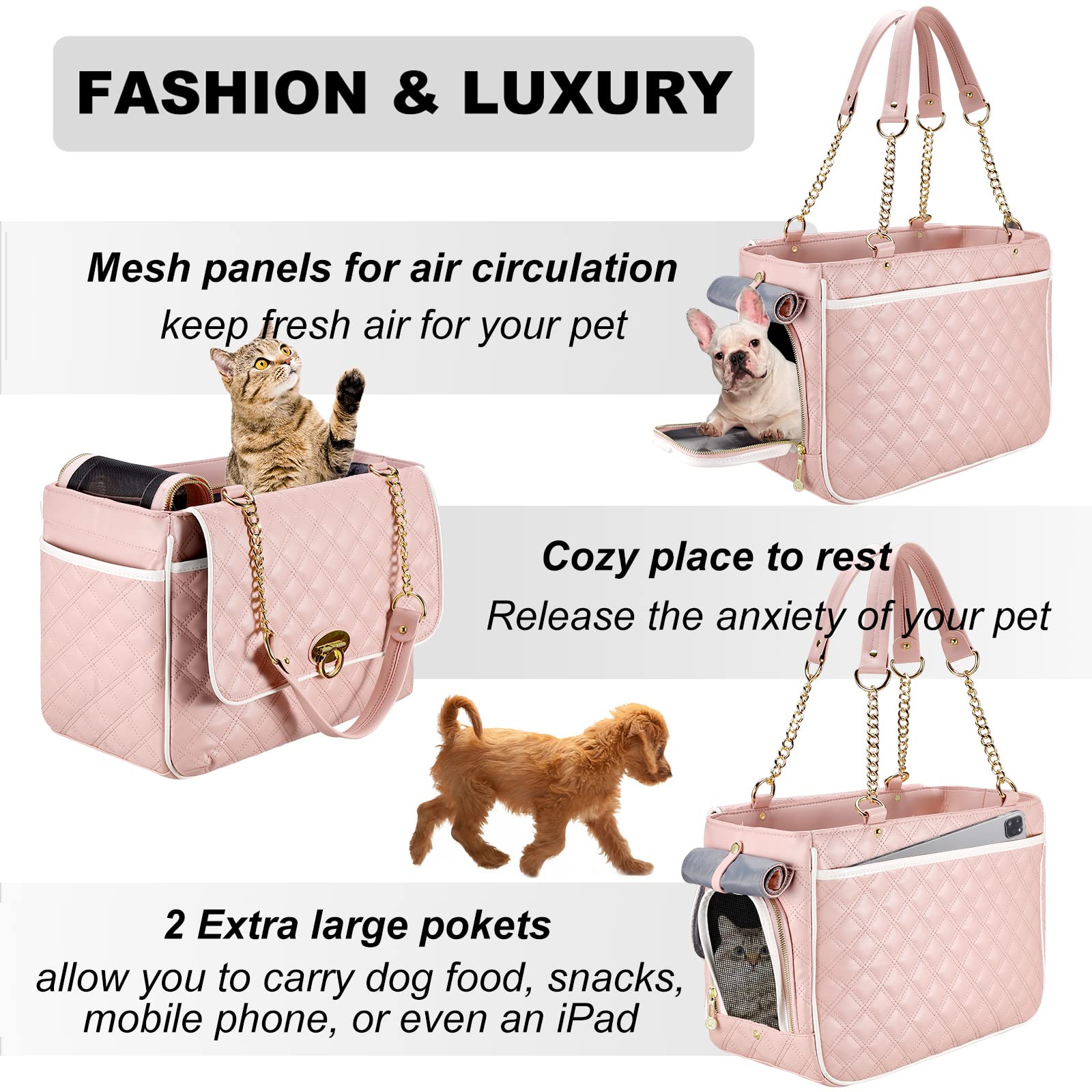 NewEle Fashion Dog Purse Carrier for Small Dogs with 2 Super-Large Pockets, Holds Up to 10lbs PU Leather Pet Carrier, Cat Carrie
