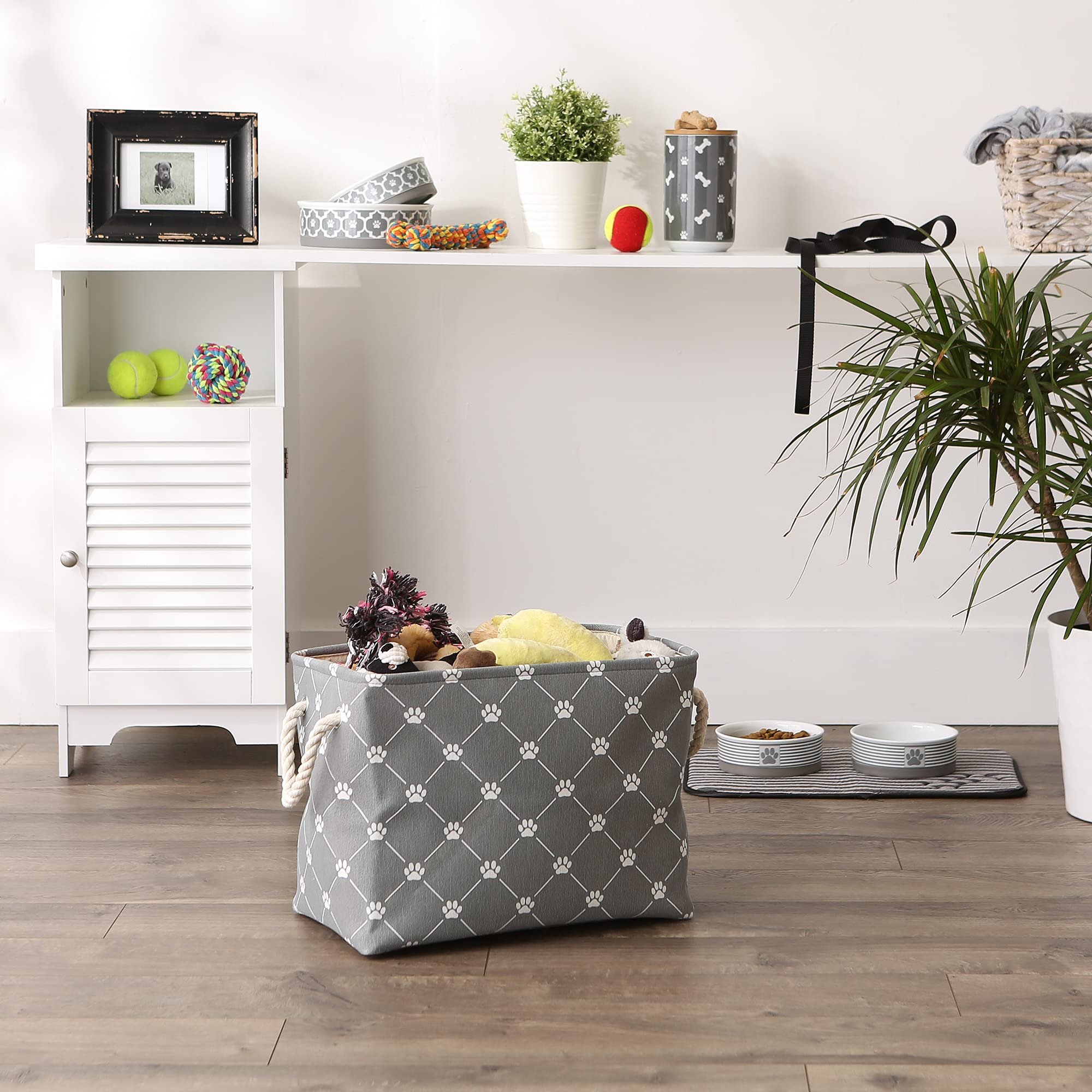 Bone Dry Pet Storage Paw and Bone, Trellis Collection, Medium Rectangle, 16x10x12, Gray