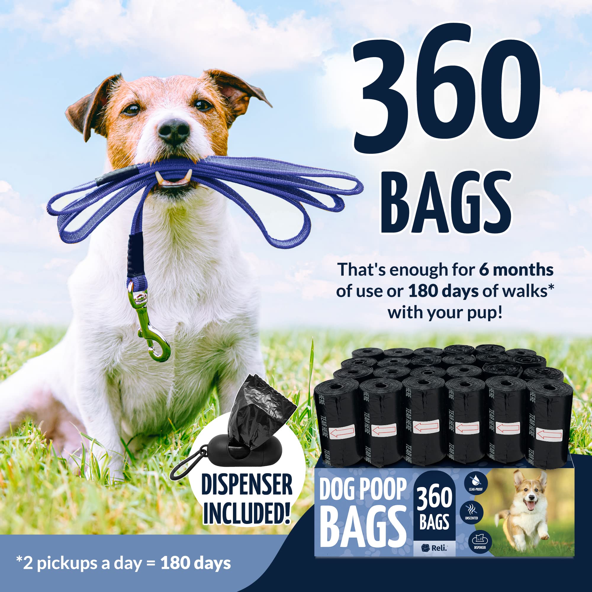 Reli. Dog Poop Bags w/Holder (360 Pack - 24 Rolls) | Leash Clip Dispenser | 9x13'' Large Dog Bag for Poop | Black Pet Waste Carr