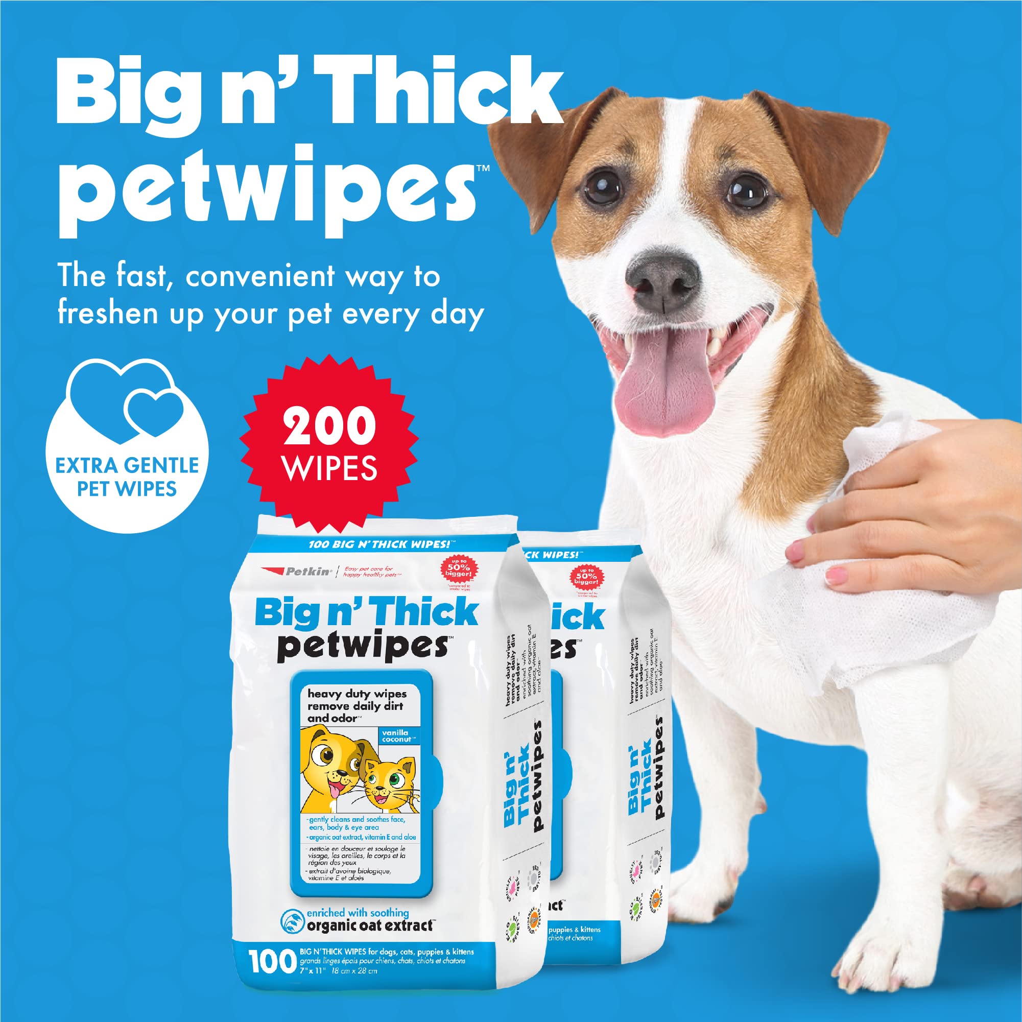 Petkin Large Pet Wipes For Dogs And Cats, 200 Count, Organic Oat Extract, Moistened With Gentle Cleaning Formula, Ideal For Home Or Travel