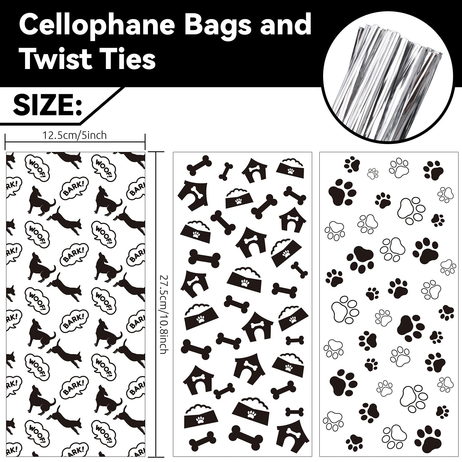 Whaline 150Pcs Dog Paw Cellophane Bags with 150Pcs Twist Ties Pet Paw Bone Print Cello Bags Clear Goodie Treat Bags Pet Theme Pa