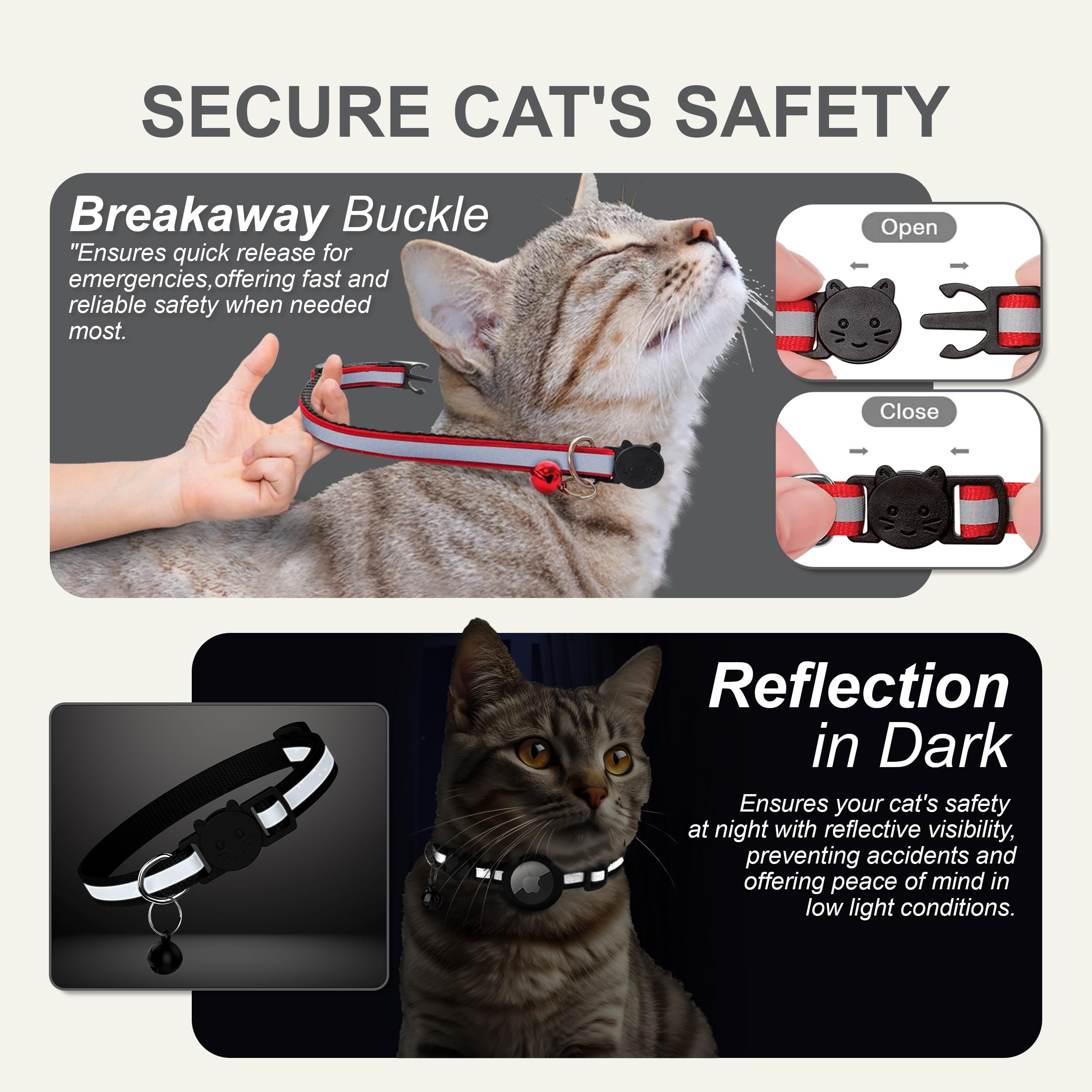 Zease 8 Breakaway Cat Collars Bulk With Bells And 2 Waterproof Airtag Holders, Reflective Cat Collar Airtag Holder, Safety Buckl